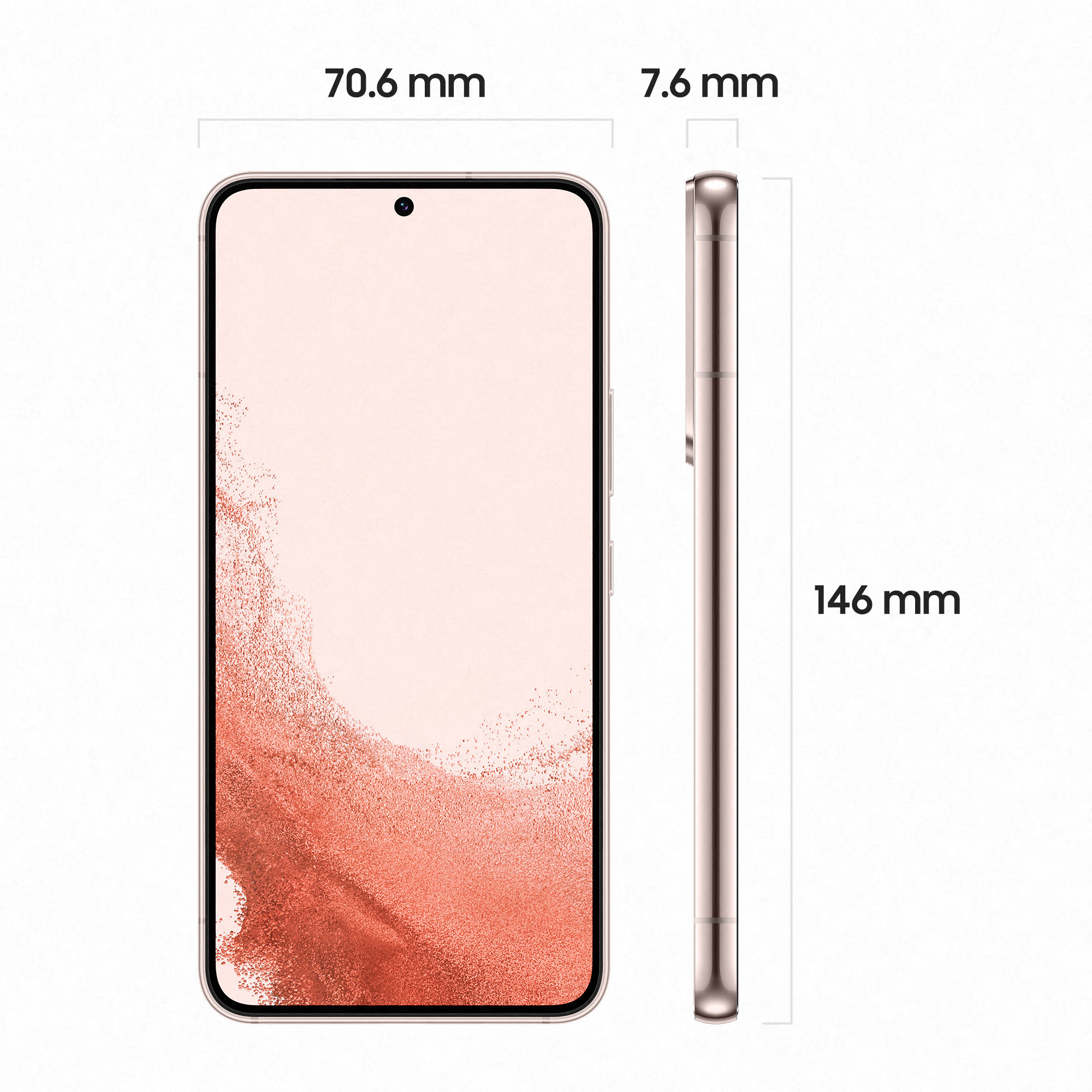 Smartfon z wymiarami, pokazany z przodu i z boku. Jest w kolorze brzoskwiniowym.