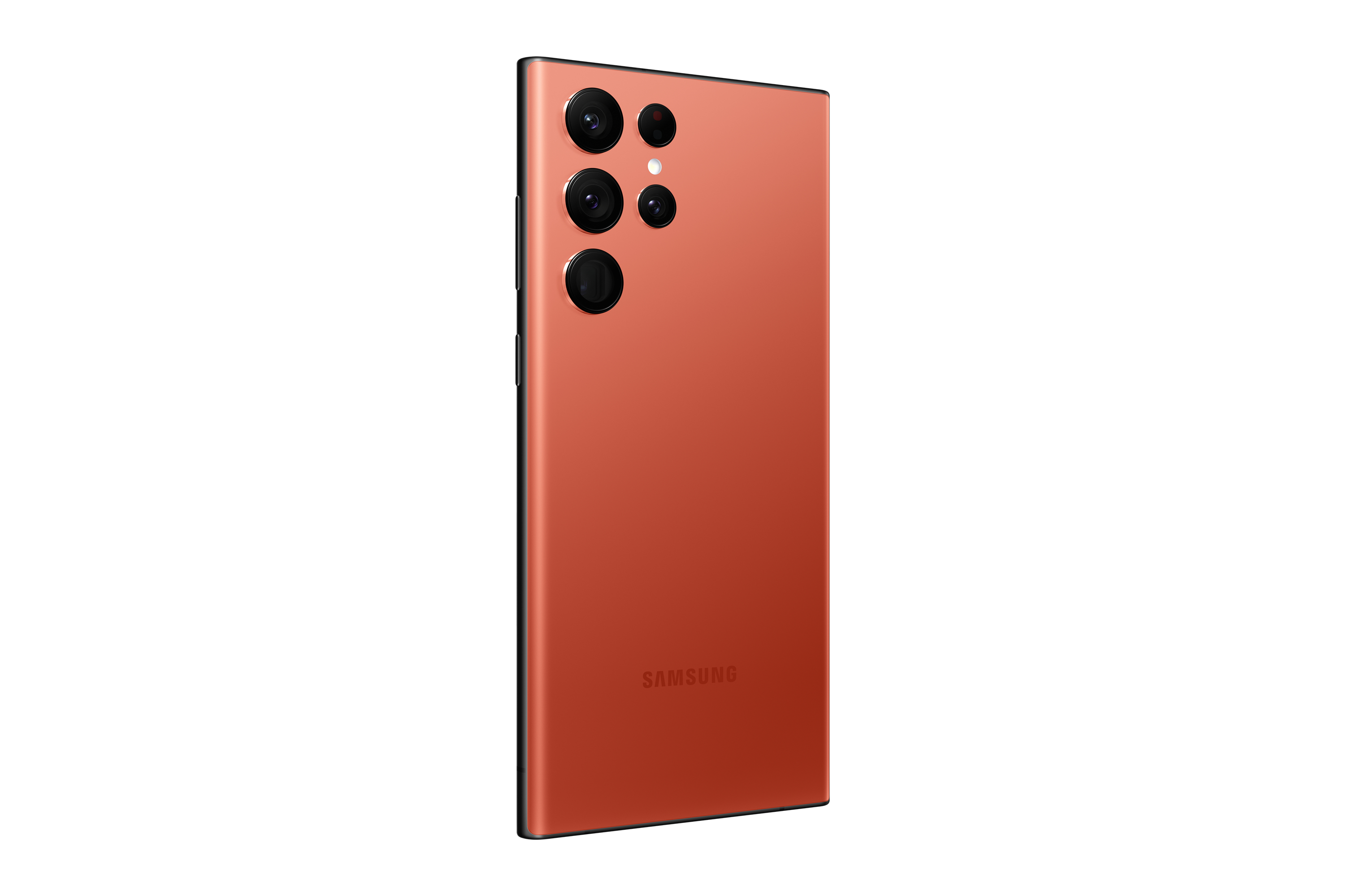 Rot-oranges Samsung Smartphone, mehrere Rückkameras. Schräge Ansicht, Rückseite zeigend.