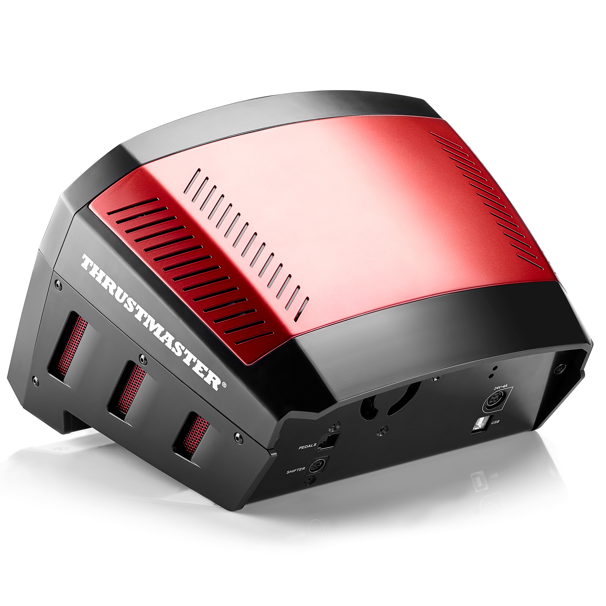 A black and red Thrustmaster racing wheel base with buttons and ports, angled on a white surface.