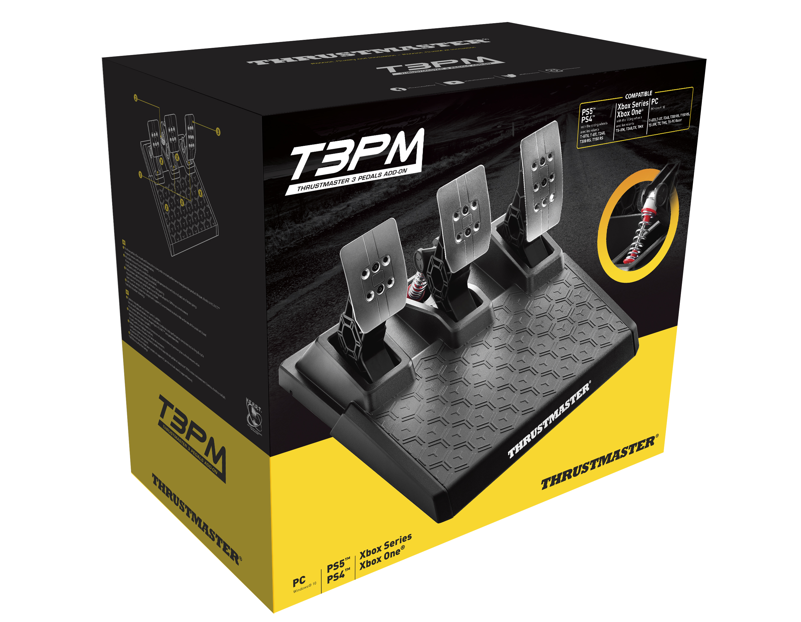 Caja con gráficos en negro y amarillo que muestra un juego de pedales Thrustmaster T3PM.