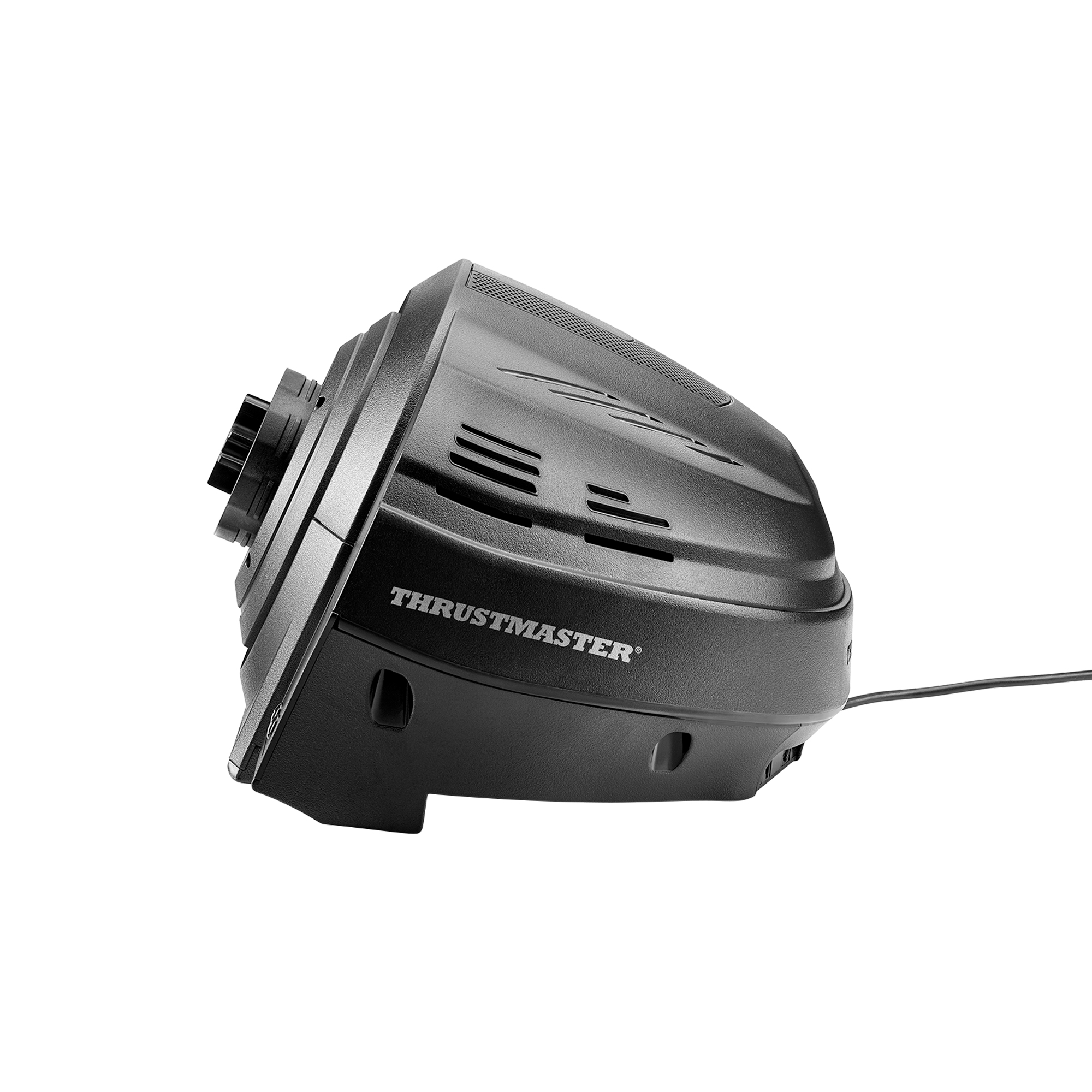 Volant de course noir avec le logo Thrustmaster.