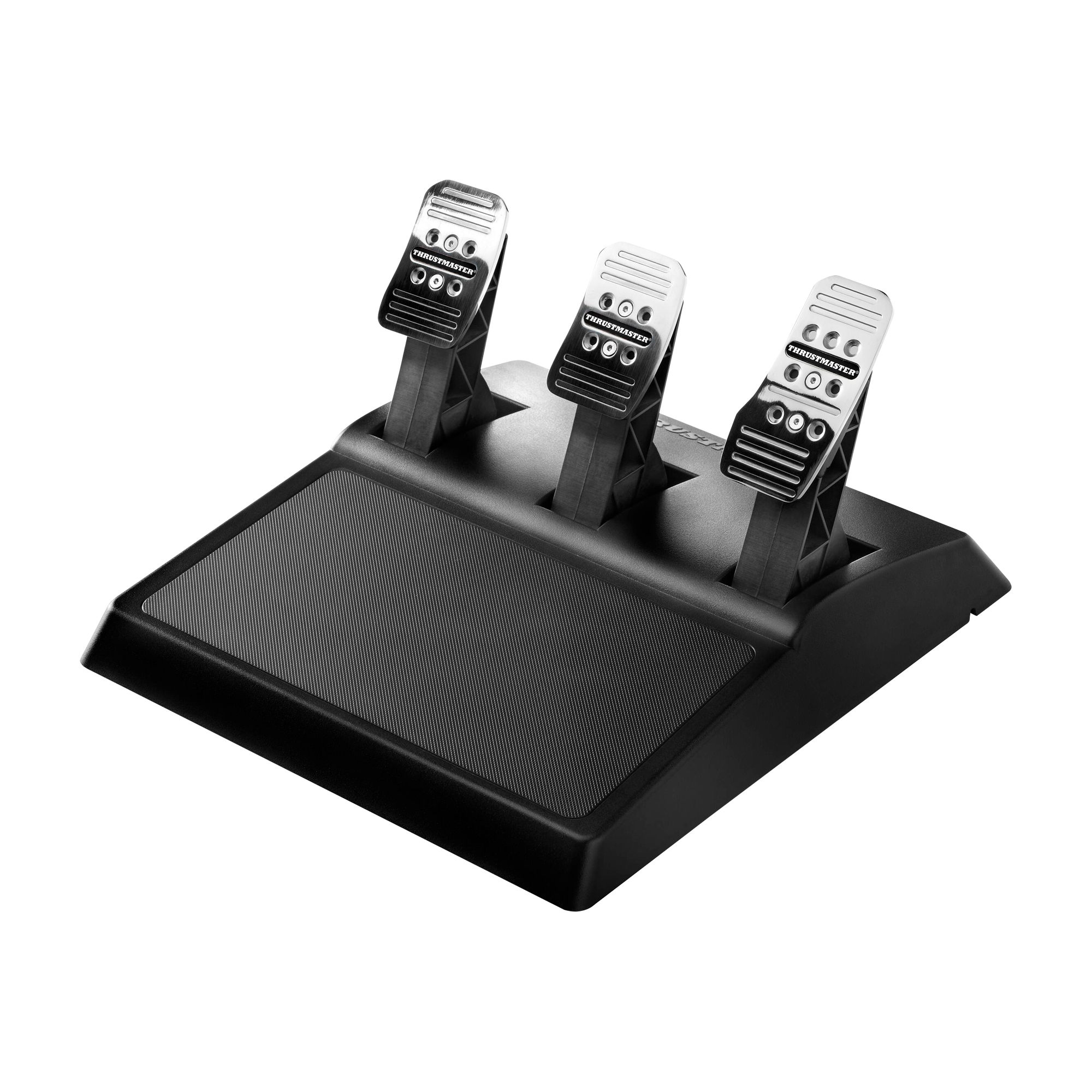 Un ensemble de pédales de simulateur de course noir avec trois pédales sur une base texturée.