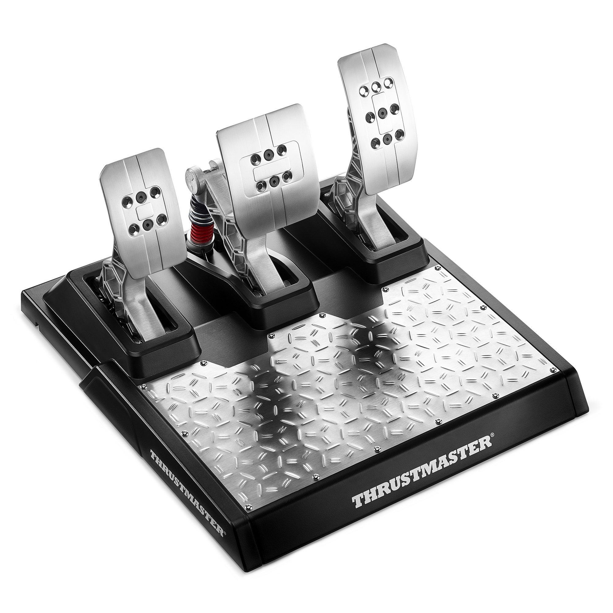 Pedales Thrustmaster con base de metal y tres pedales.