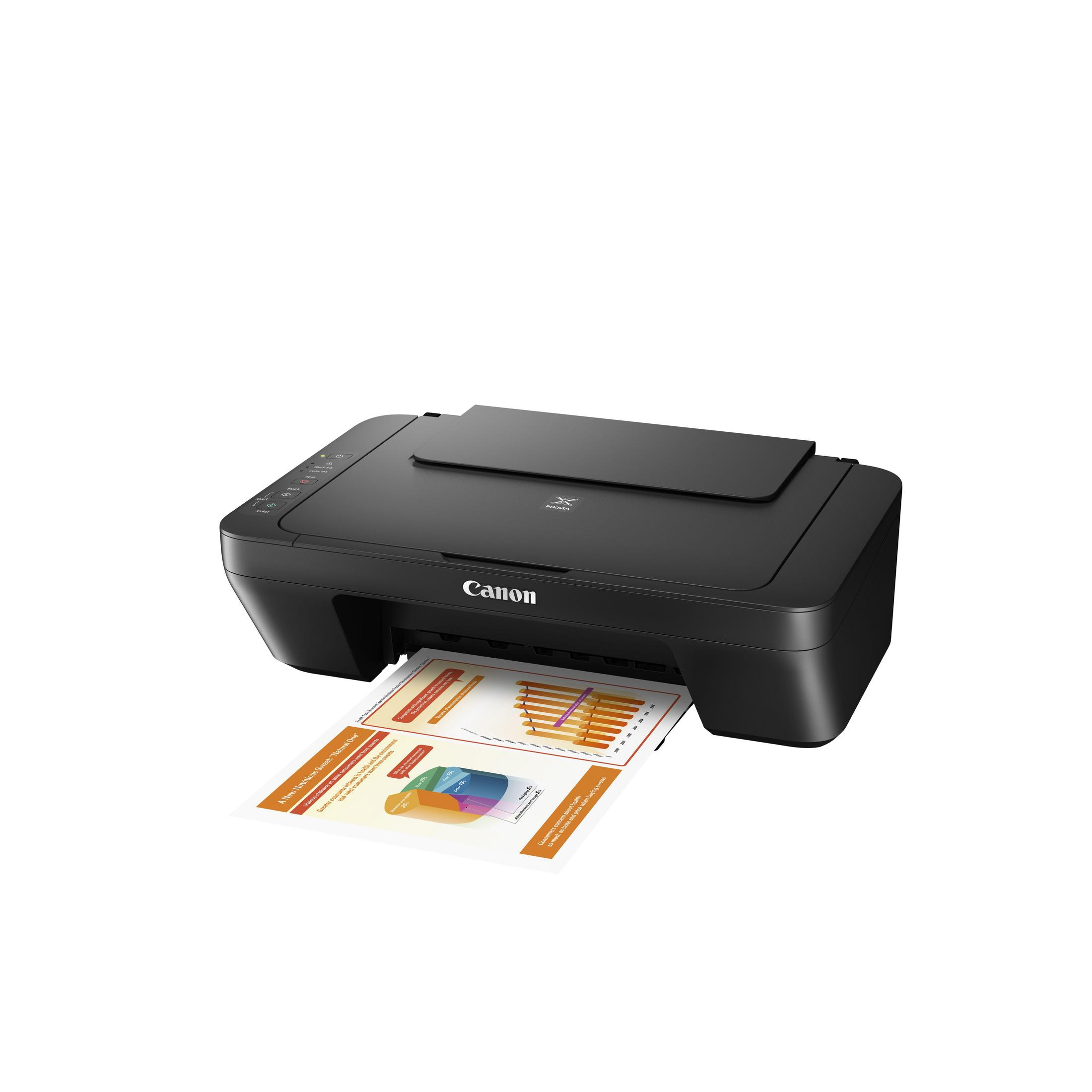 Stampante Canon nera con uscita carta bianca su sfondo bianco.