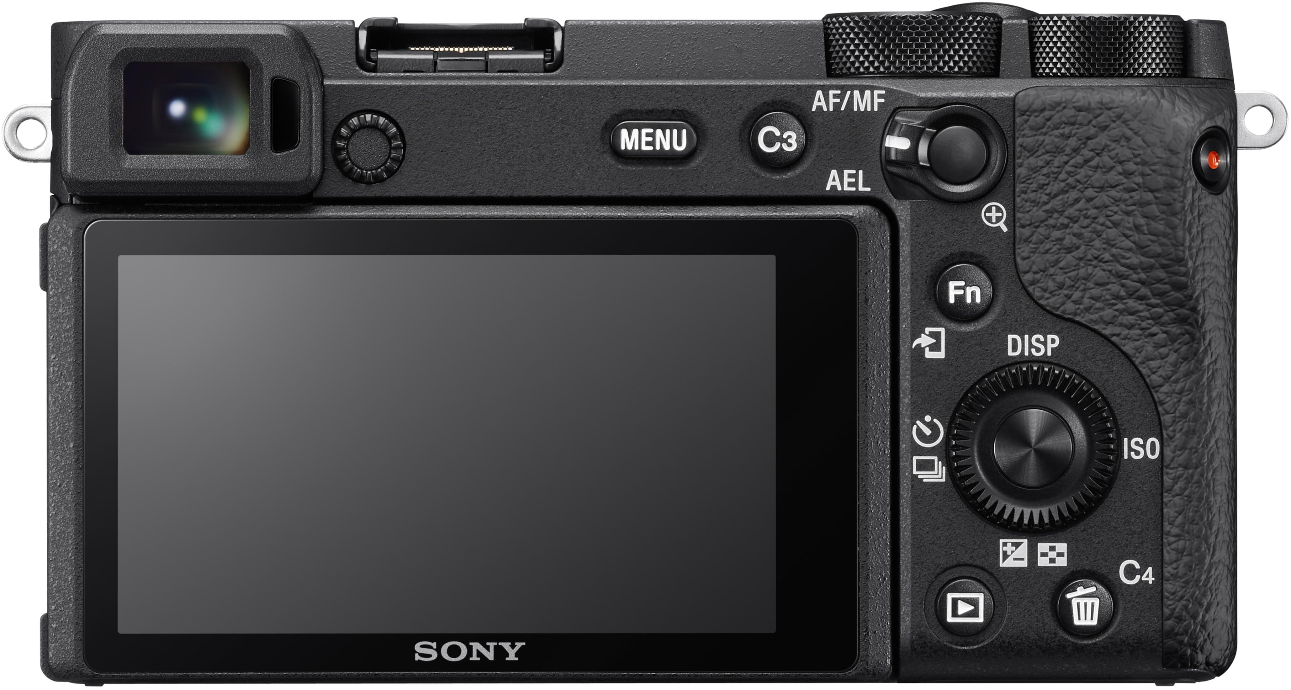 Rückseite einer schwarzen Sony-Kamera mit Bildschirm, Knöpfen und Objektivanschluss.