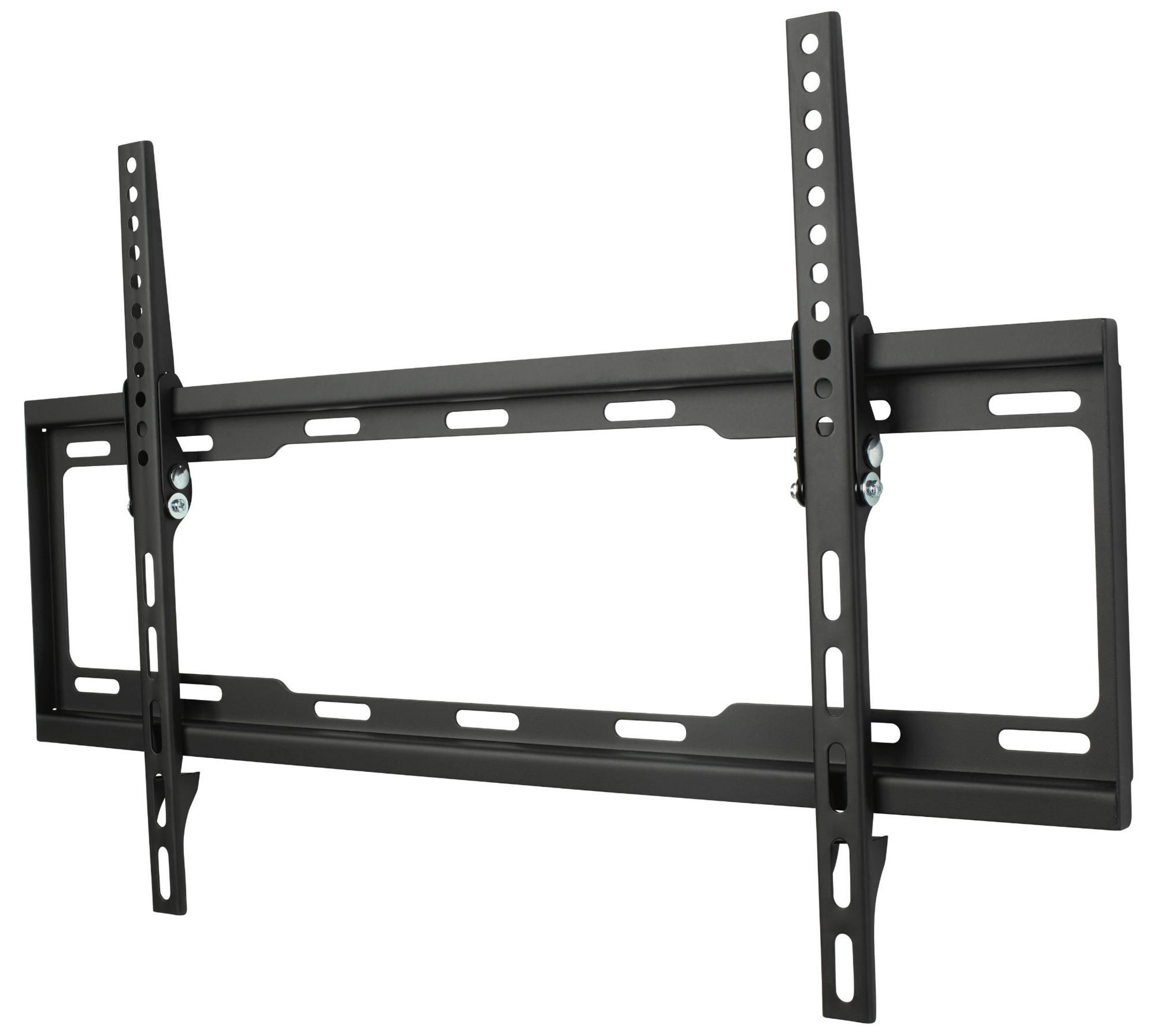 Eine schwarze TV-Wandhalterung aus Metall, mit Befestigungslöchern, auf weißem Hintergrund.
