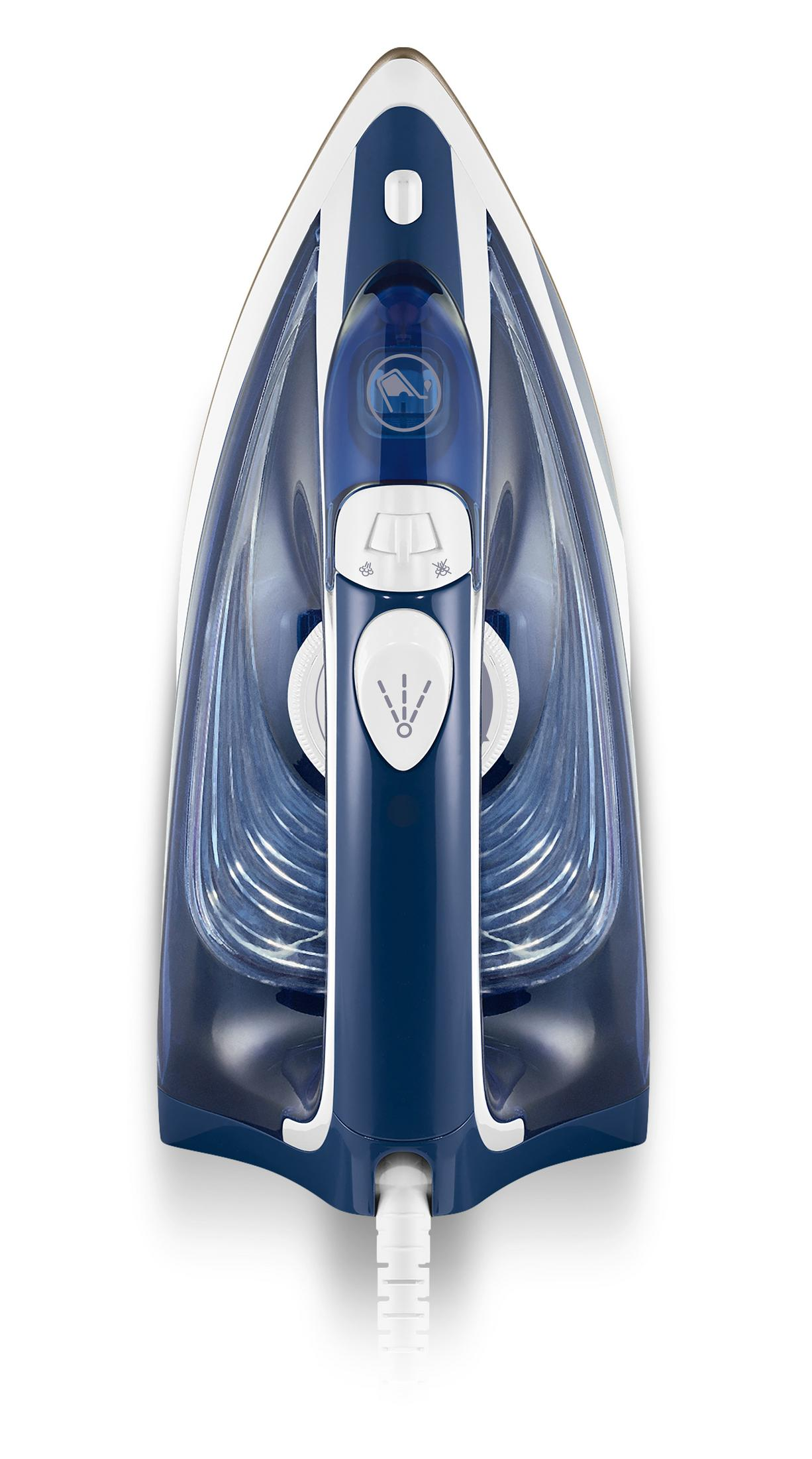 Blue and white iron. The iron is on a white surface.