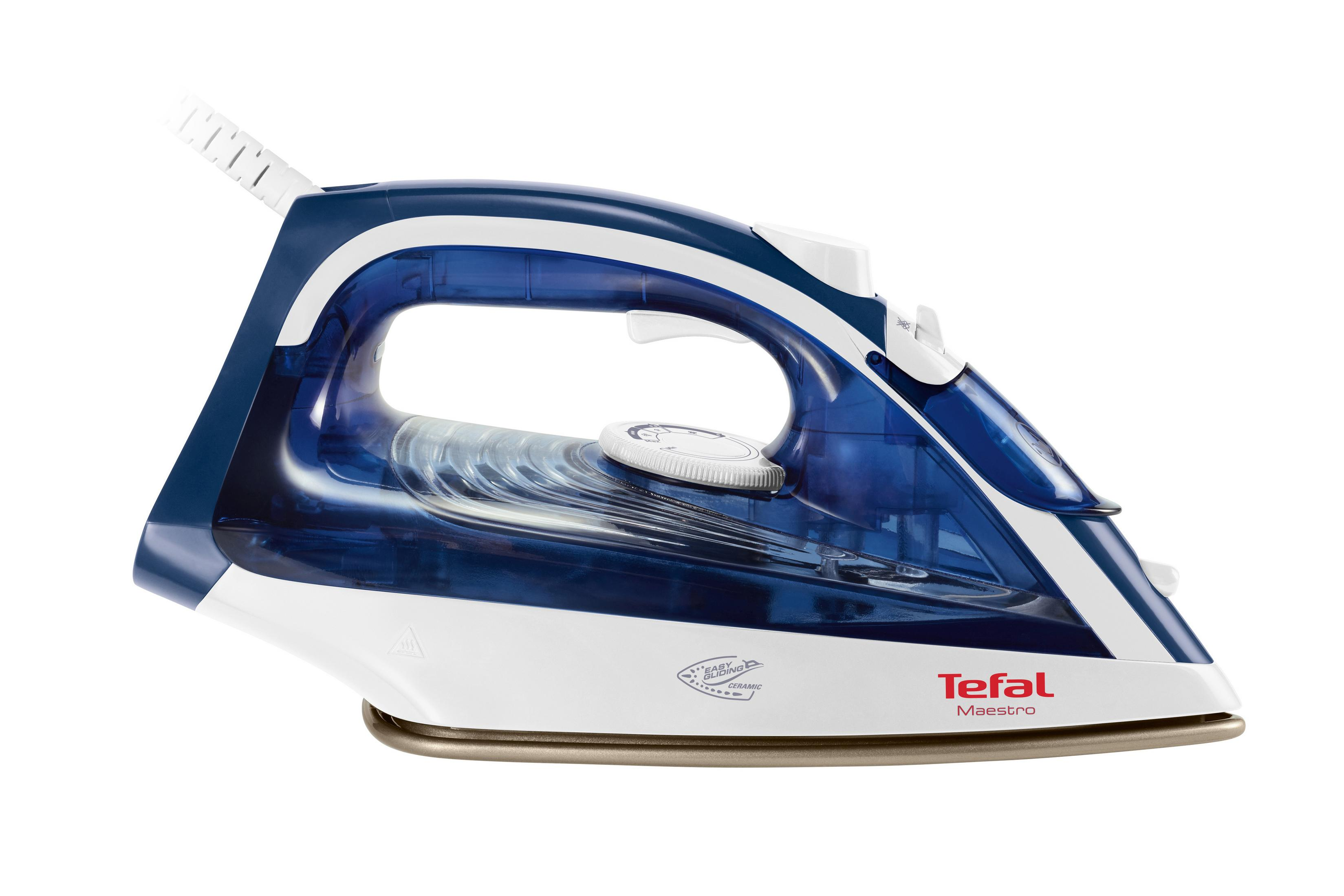 White and blue iron with a water tank, side view. 