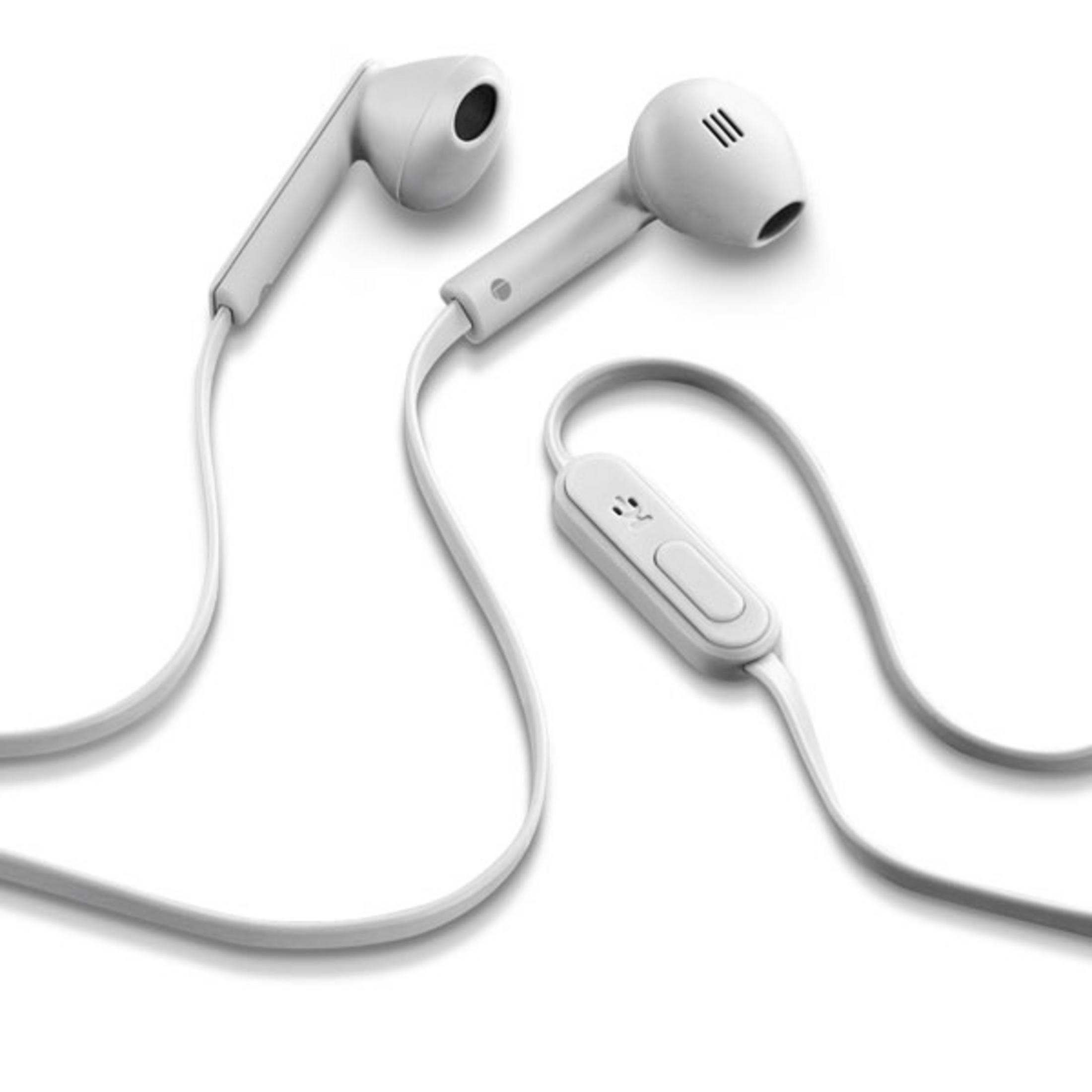 White earphones with a control module and white cable, lying on a white surface.