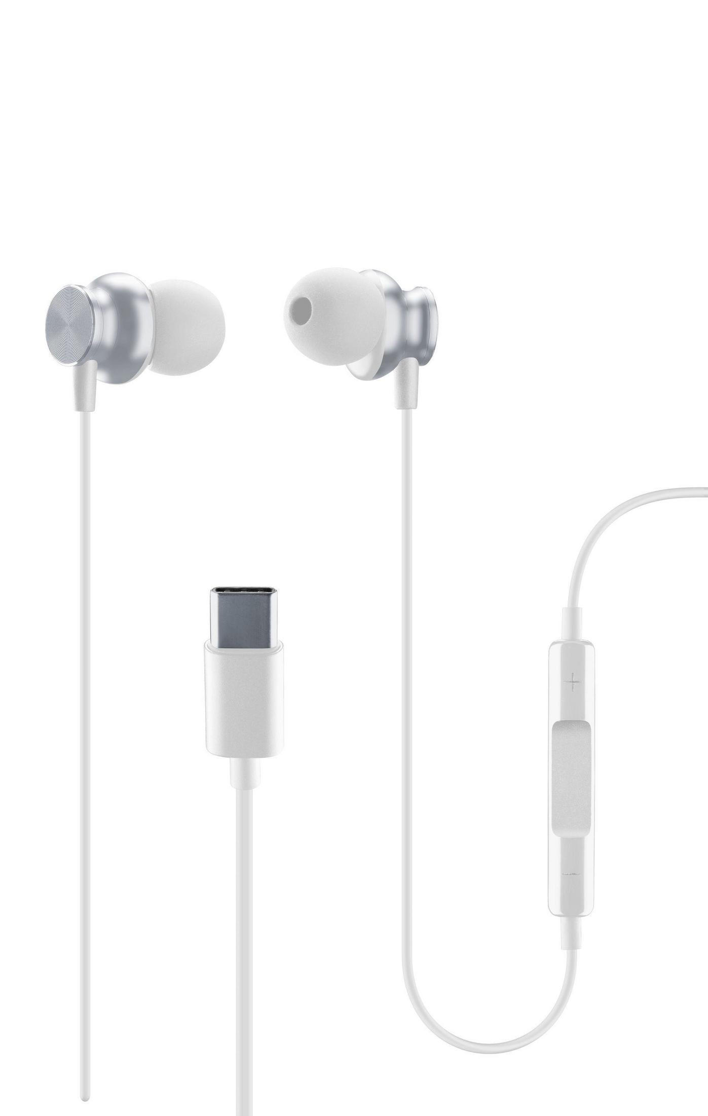 Auriculares blancos con cable blanco y conector USB-C. Los auriculares tienen detalles plateados.