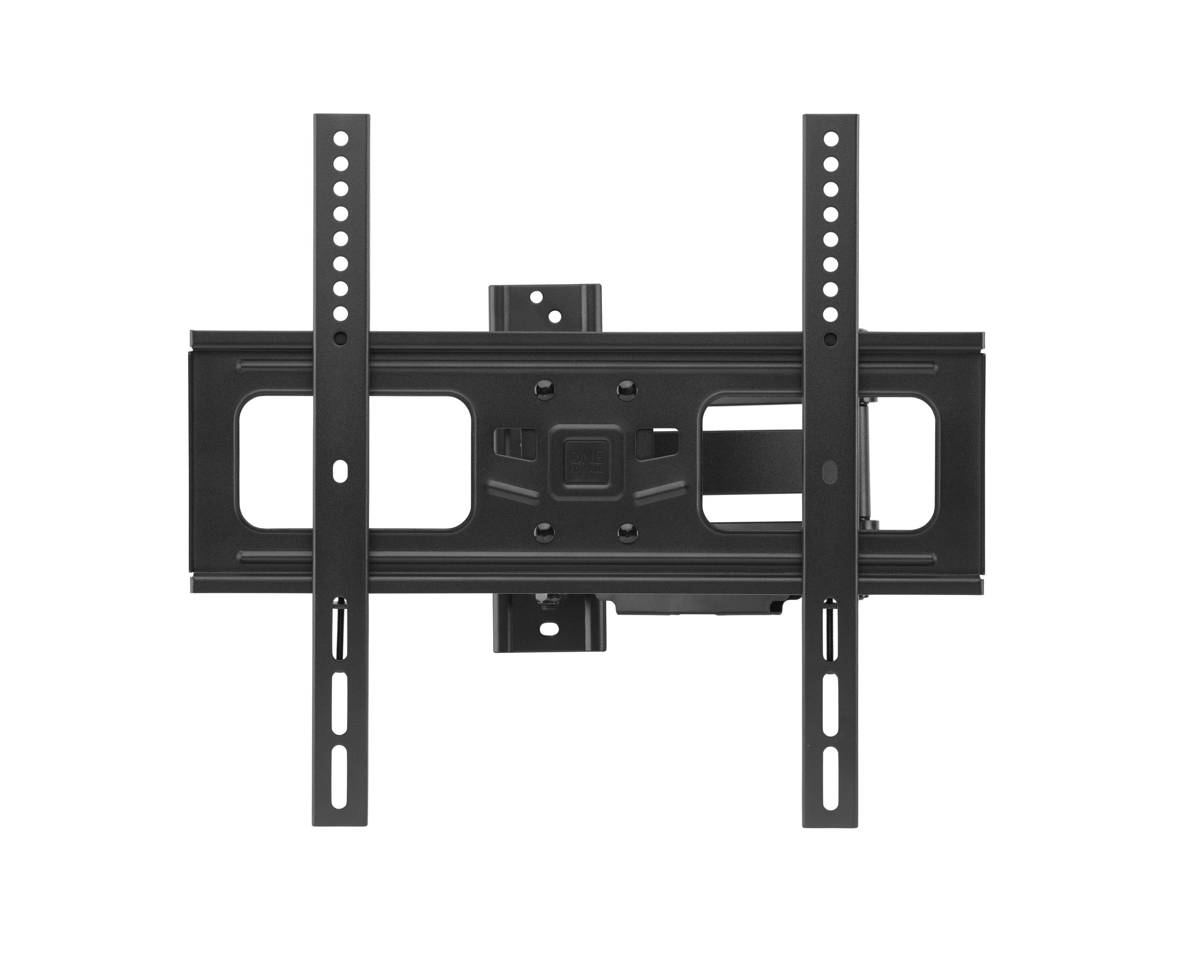 Schwarze TV-Wandhalterung mit zwei vertikalen Schienen und horizontaler Stütze.