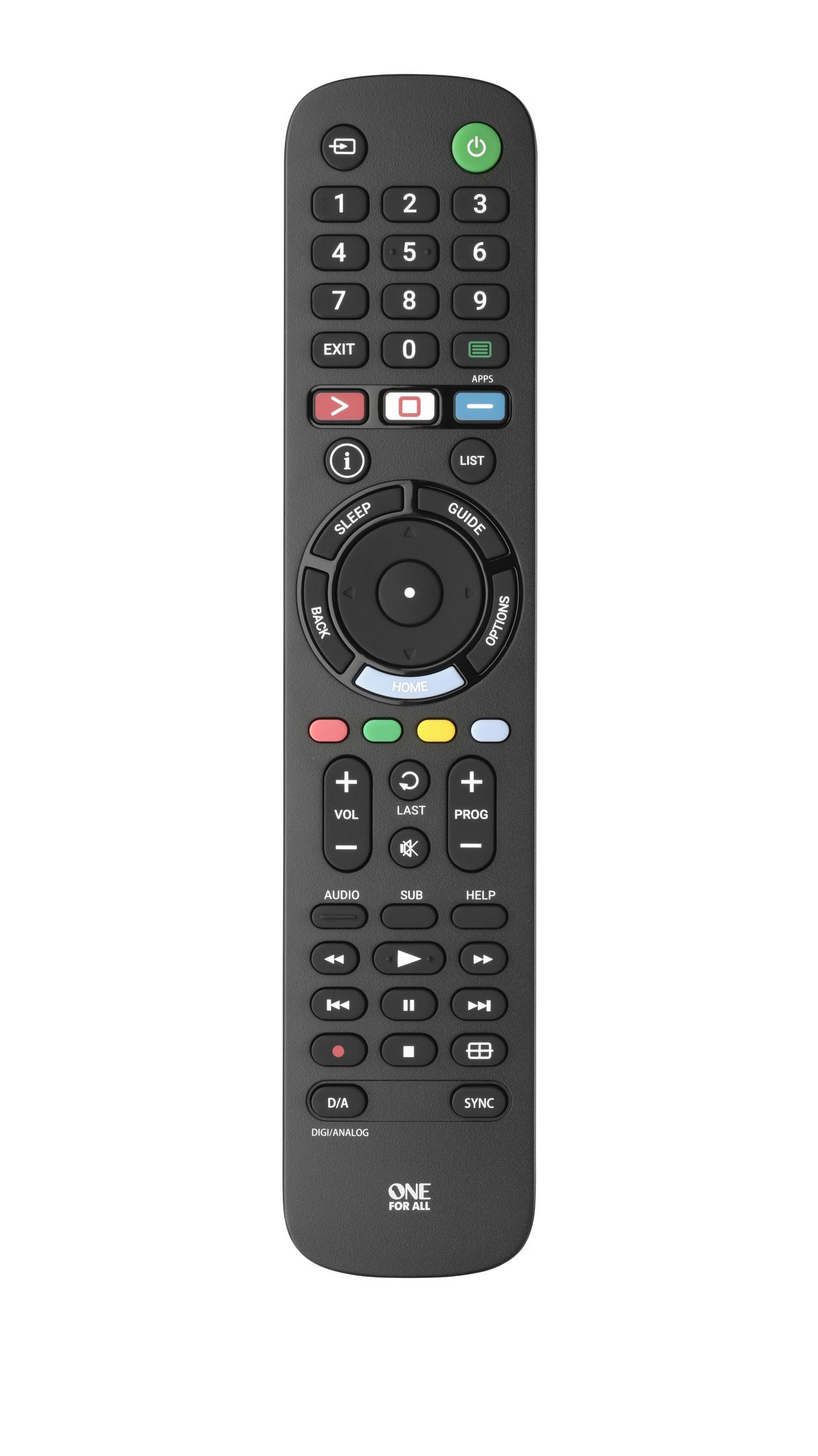 Black remote control with many buttons, including numbers, volume, channel, and power.