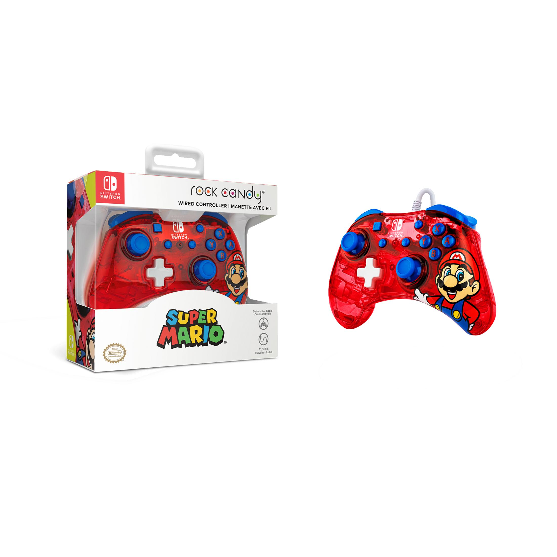 Roter Rock Candy Wired Controller im Super Mario-Design für die Nintendo Switch, mit Mario darauf.