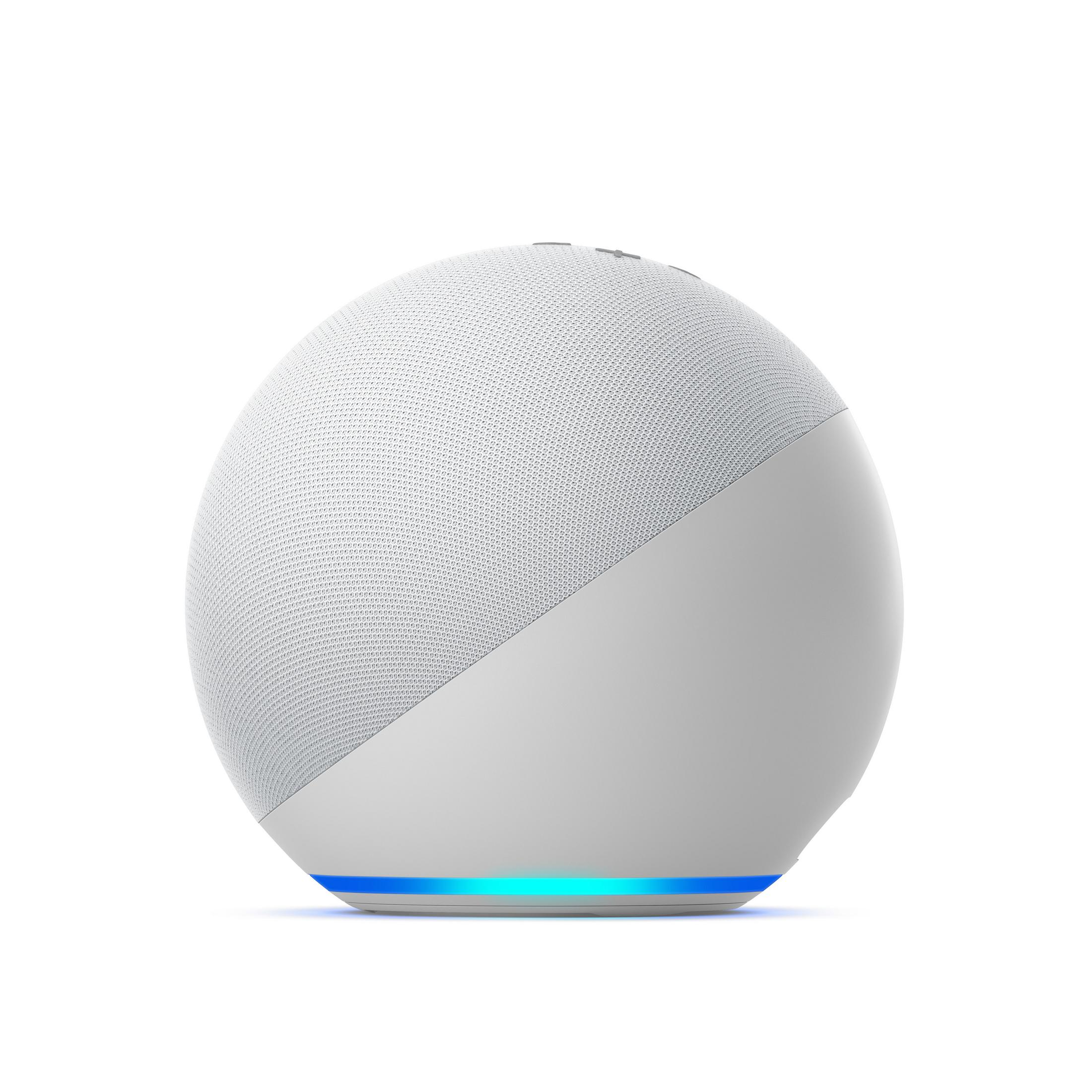 Altoparlante intelligente sferico bianco con una piccola luce blu in basso.