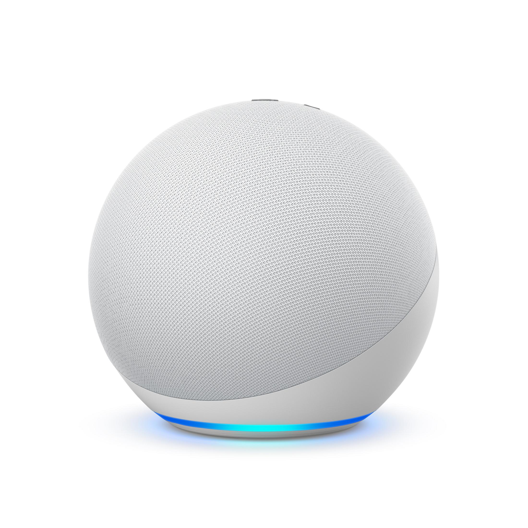 Un altoparlante intelligente sferico bianco con base blu luminosa.