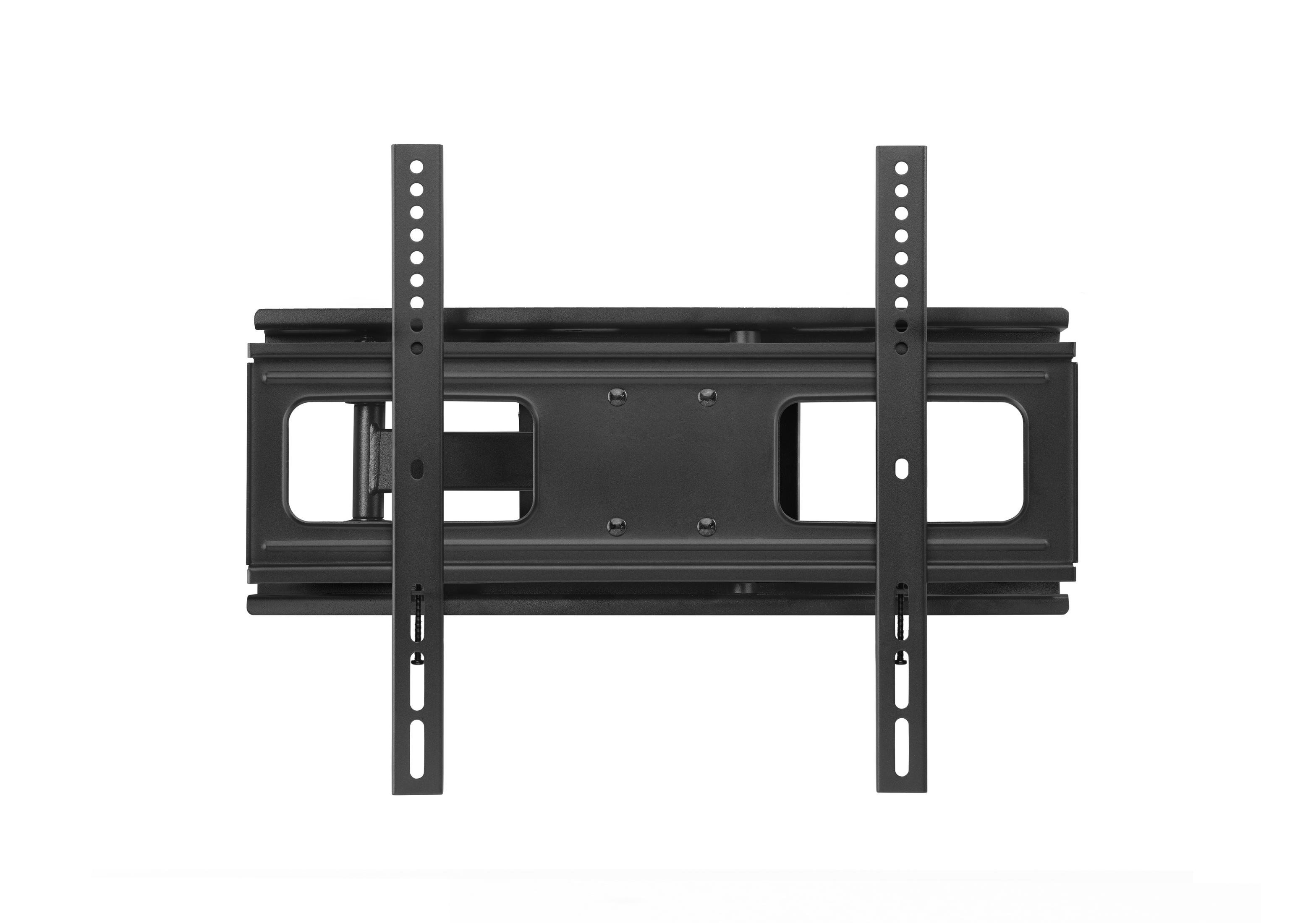 Black TV wall mount on white. Two vertical rails with mounting holes, and a central horizontal frame.