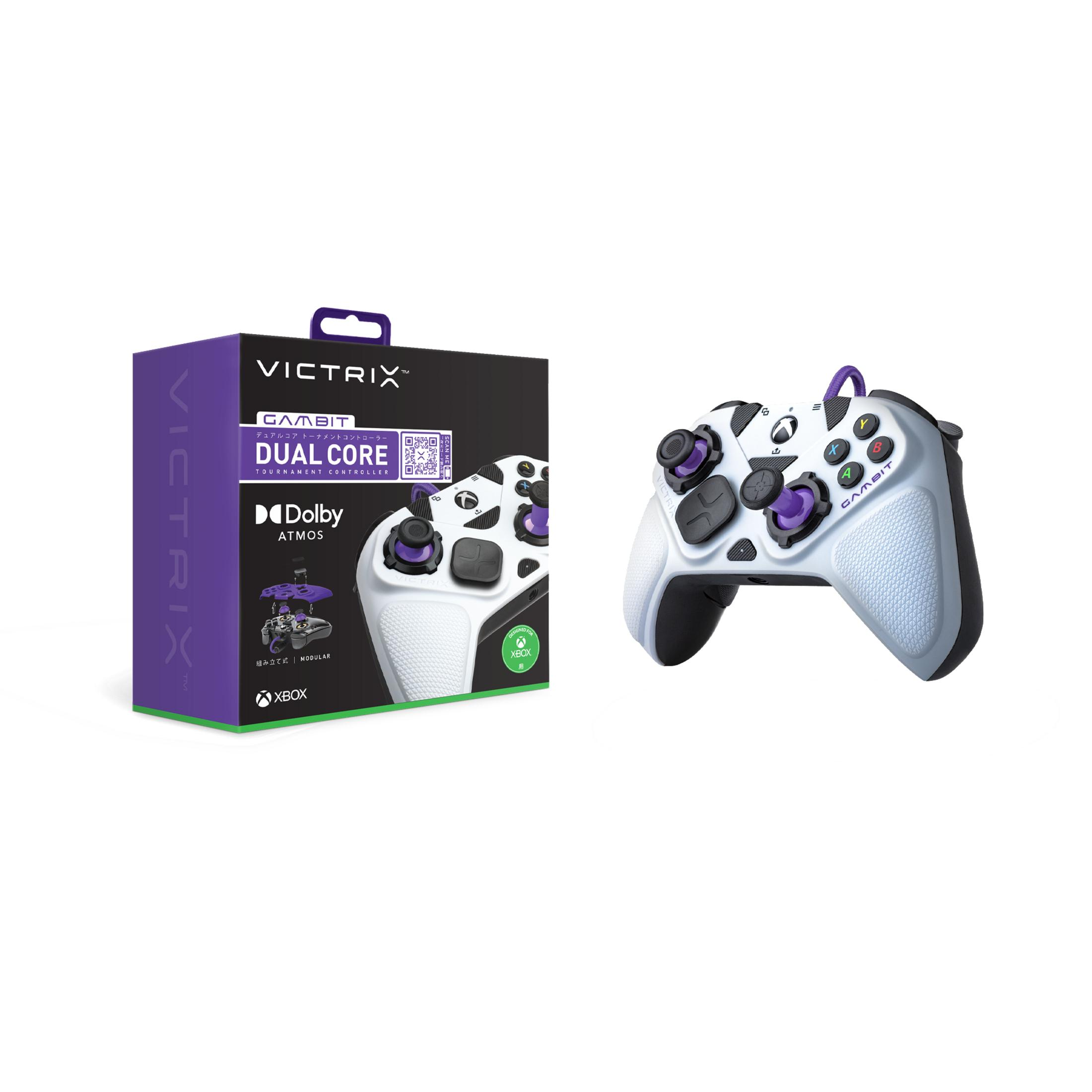 Controller di gioco bianco e viola e la sua scatola con i loghi Victrix, Gambit e Xbox.