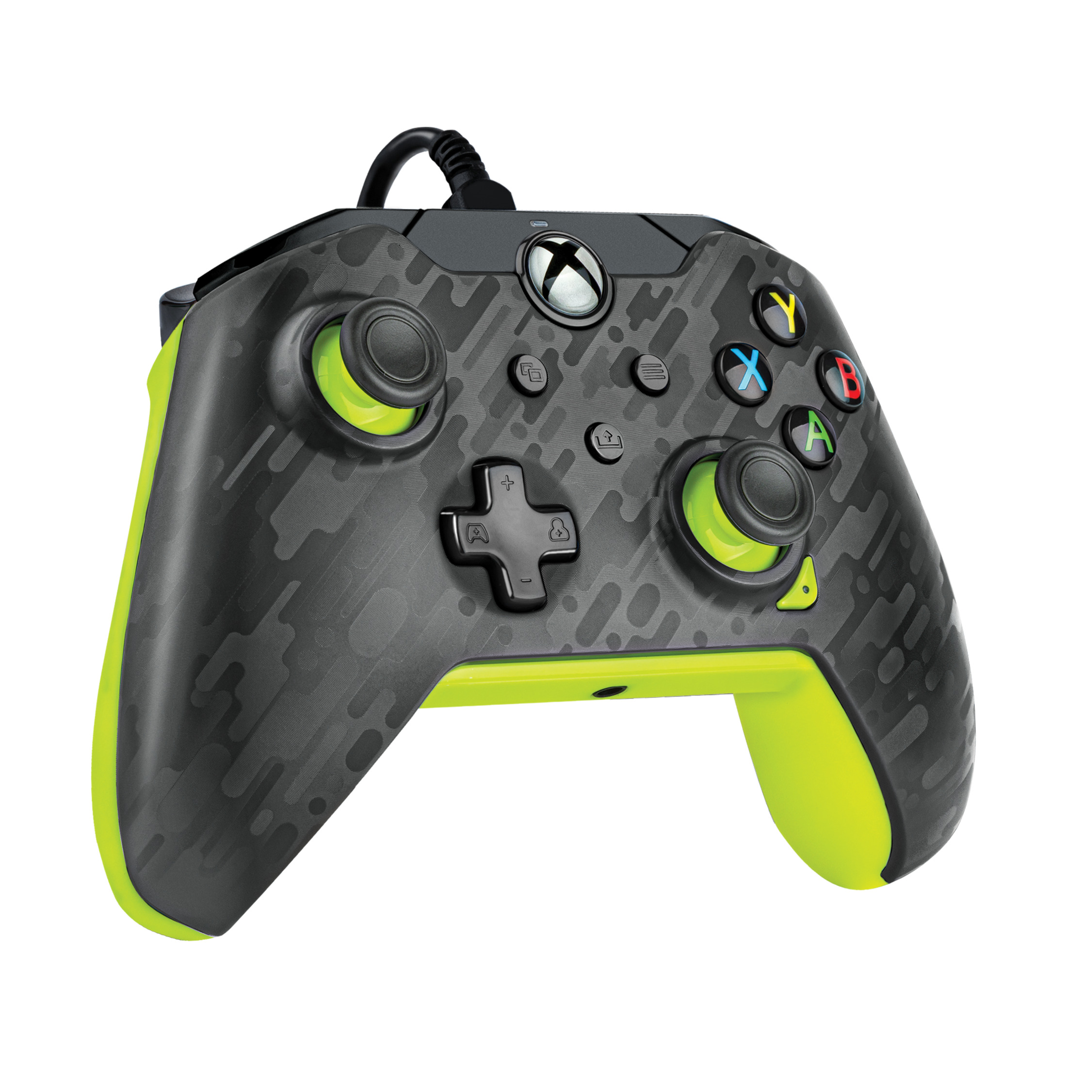 Controlador Xbox negro y verde. Botones etiquetados con letras y direcciones.