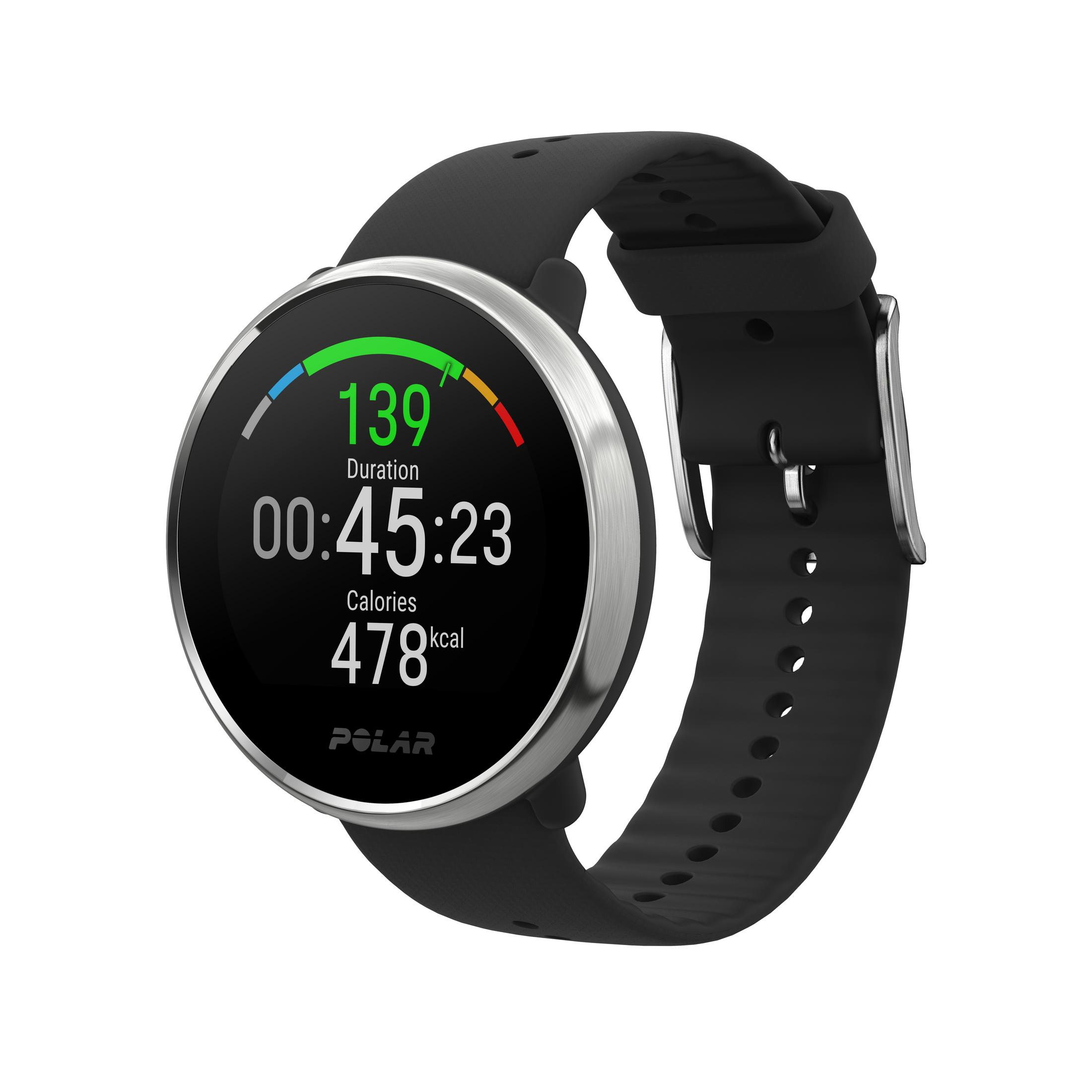 Schwarze Smartwatch mit Bildschirm, der Trainingsmetriken anzeigt, auf weißem Hintergrund.