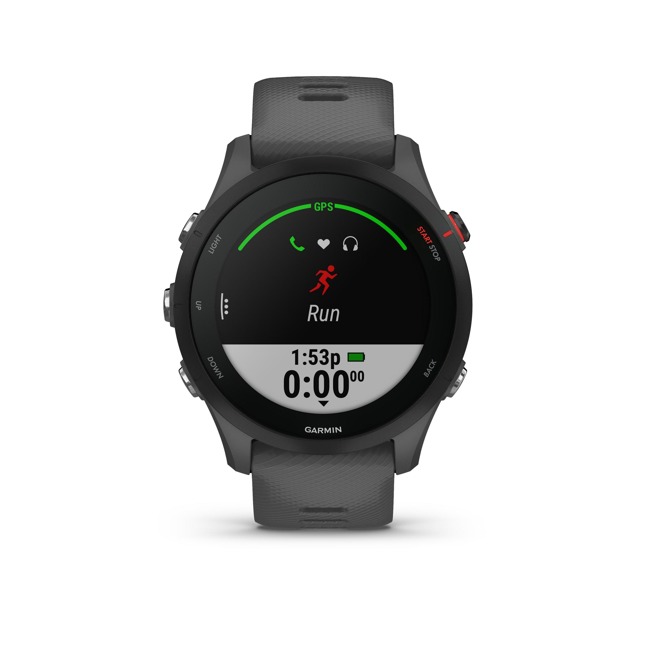 Eine schwarz-graue Garmin Smartwatch mit digitaler Anzeige, die Laufdaten zeigt.