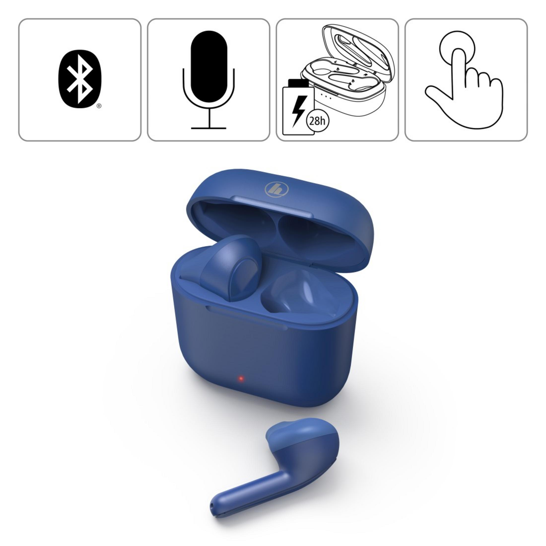 Niebieskie słuchawki w etui, z ikonami Bluetooth, mikrofonu, baterii i sterowania dotykowego.