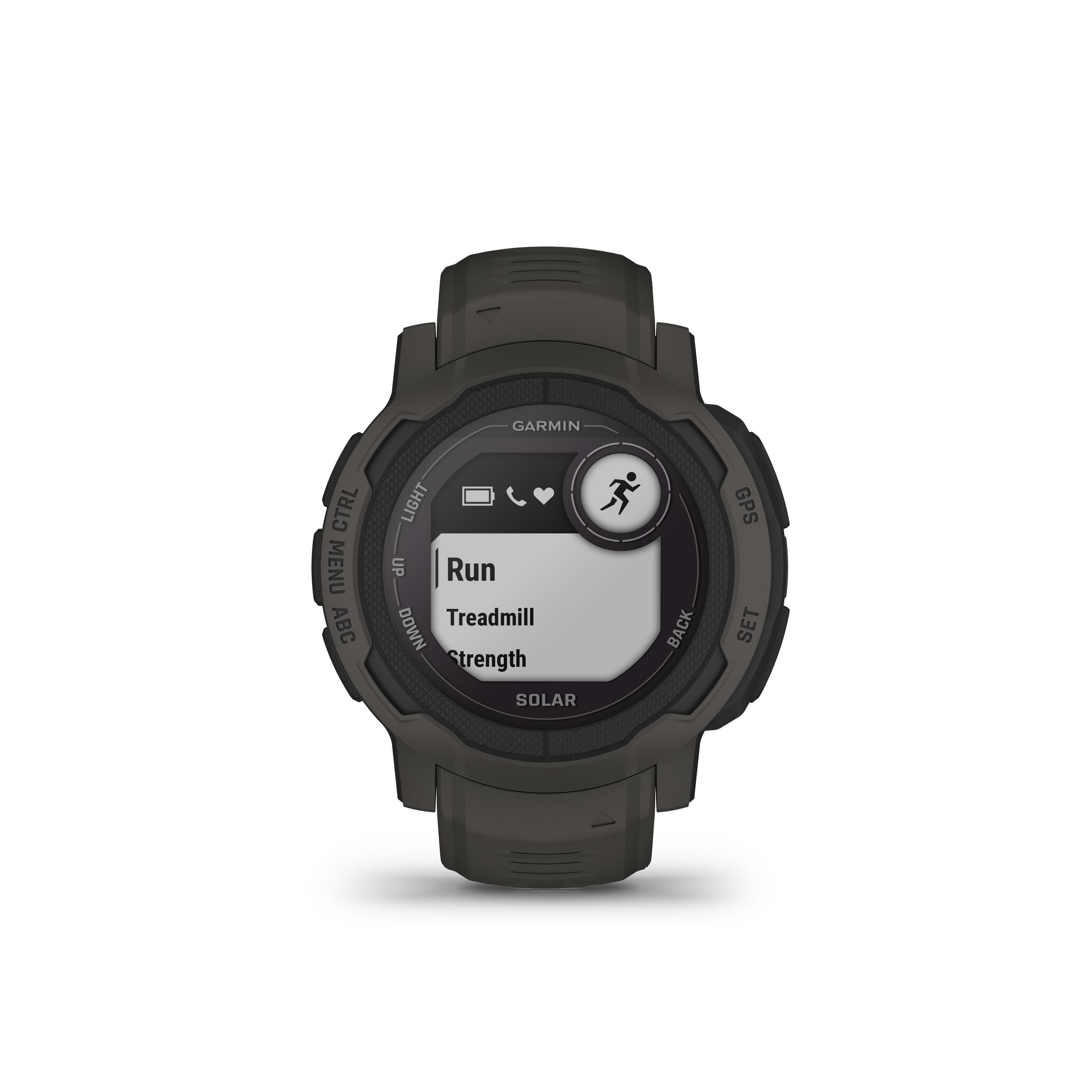 Smartwatch wyświetlający opcje treningu. Ma okrągły ekran i czarny pasek.