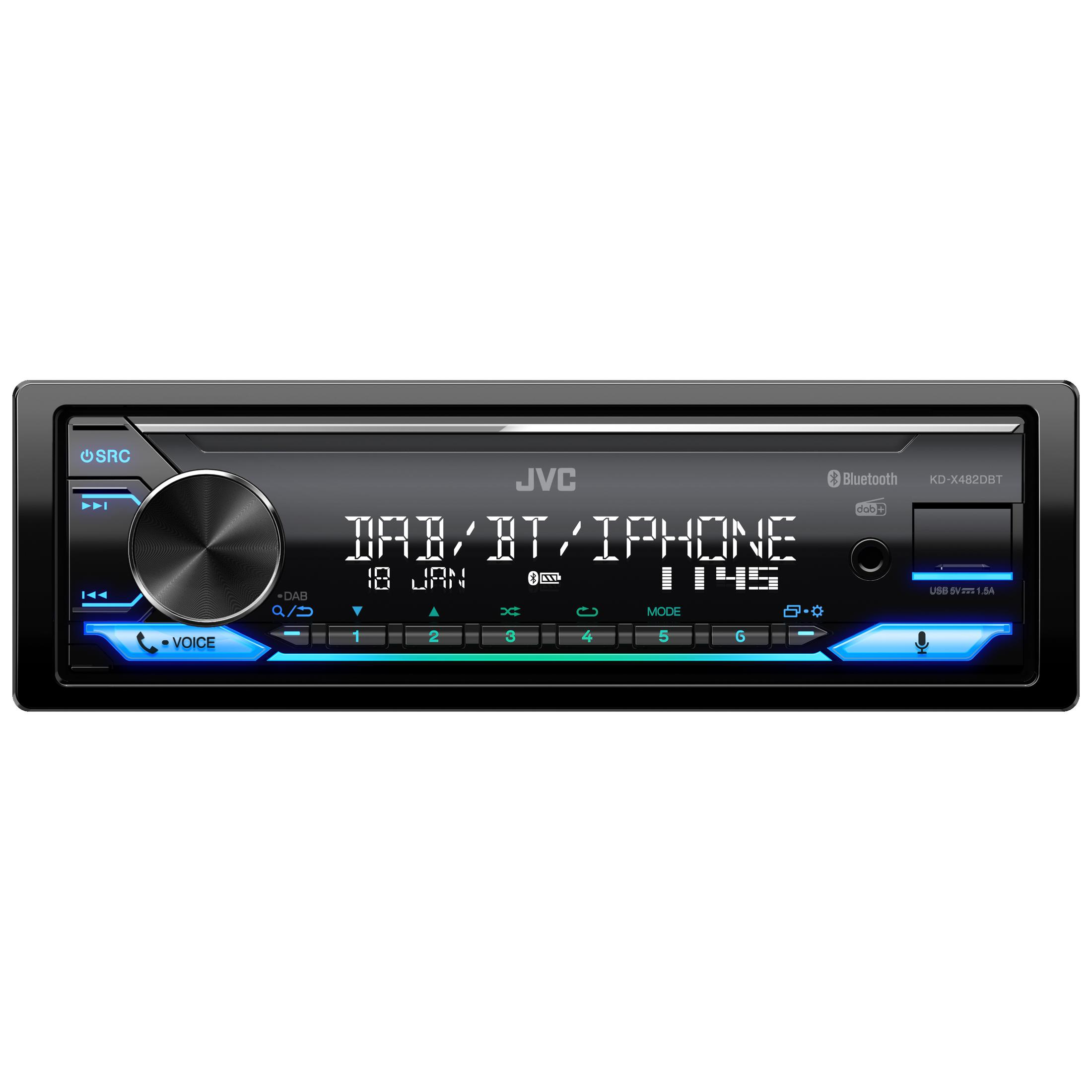Schwarzes Autoradio mit einem Bildschirm, der Informationen und blaue Lichter anzeigt. JVC und Bluetooth sind sichtbar.