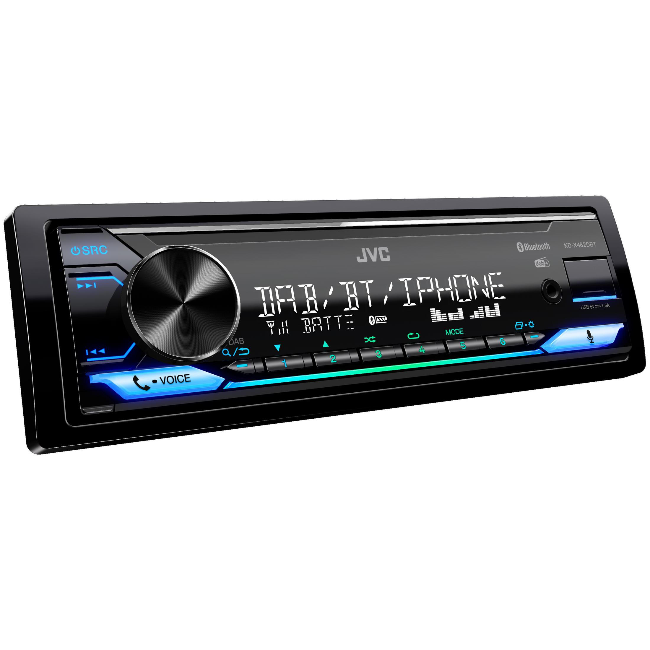 Autoradio mit schwarzem Rahmen und Digitalanzeige. Zeigt Radio- und Bluetooth-Informationen an.