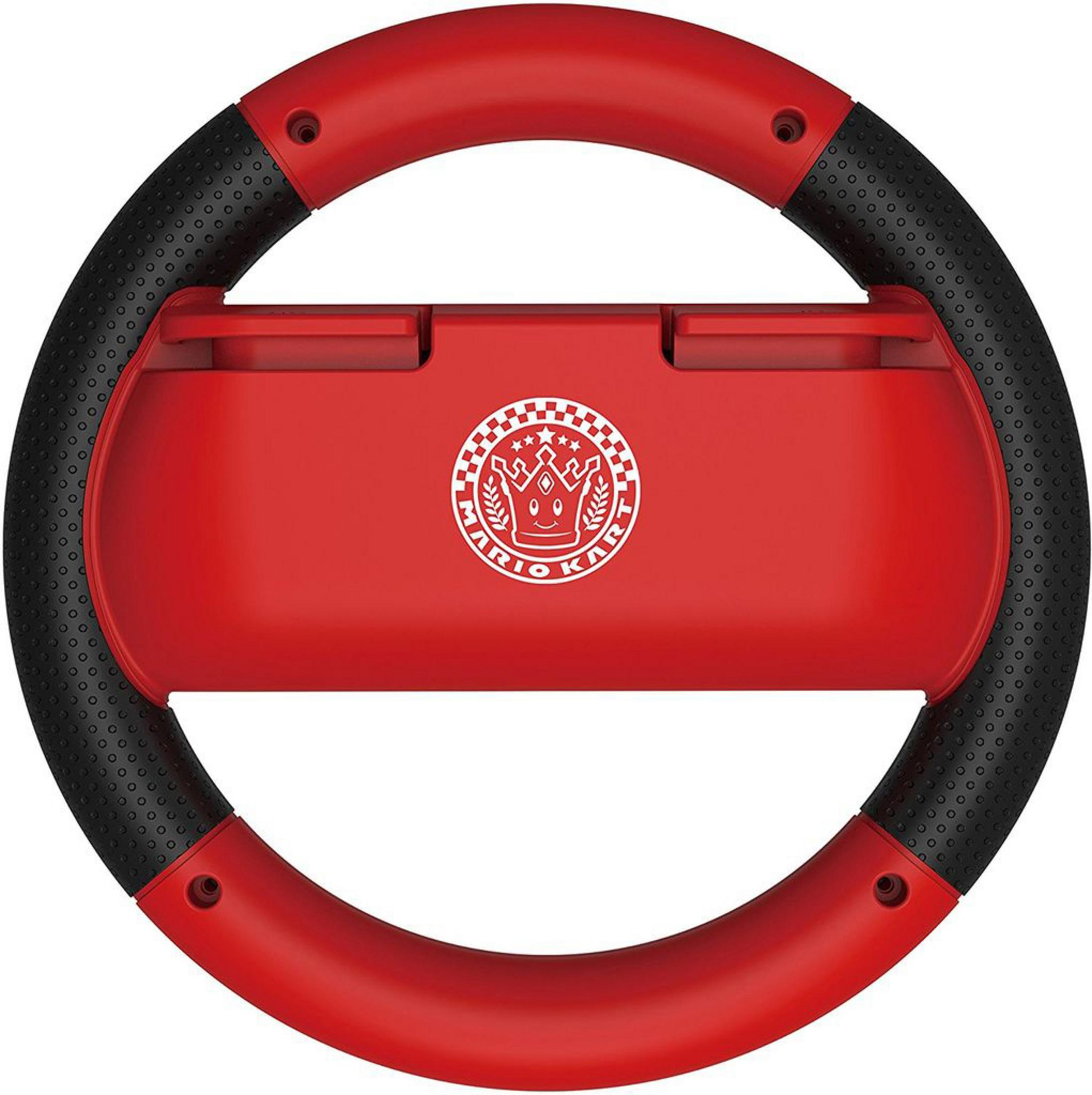 Rotes Mario Kart Lenkrad mit schwarzen Griffen und Mario Kart Logo.