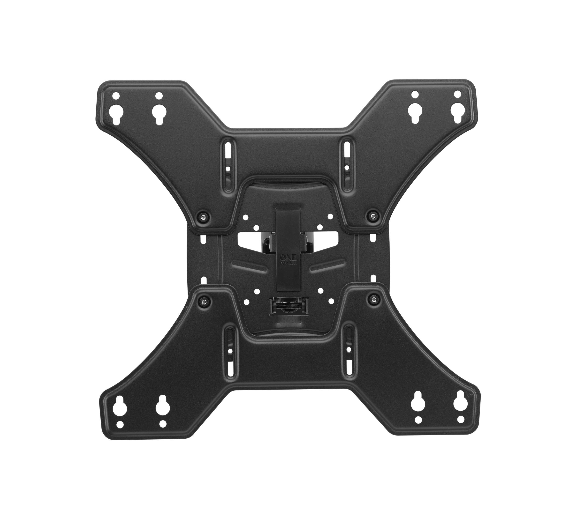 Soporte de pared para TV negro, con múltiples agujeros y puntos de montaje, mostrando su estructura.