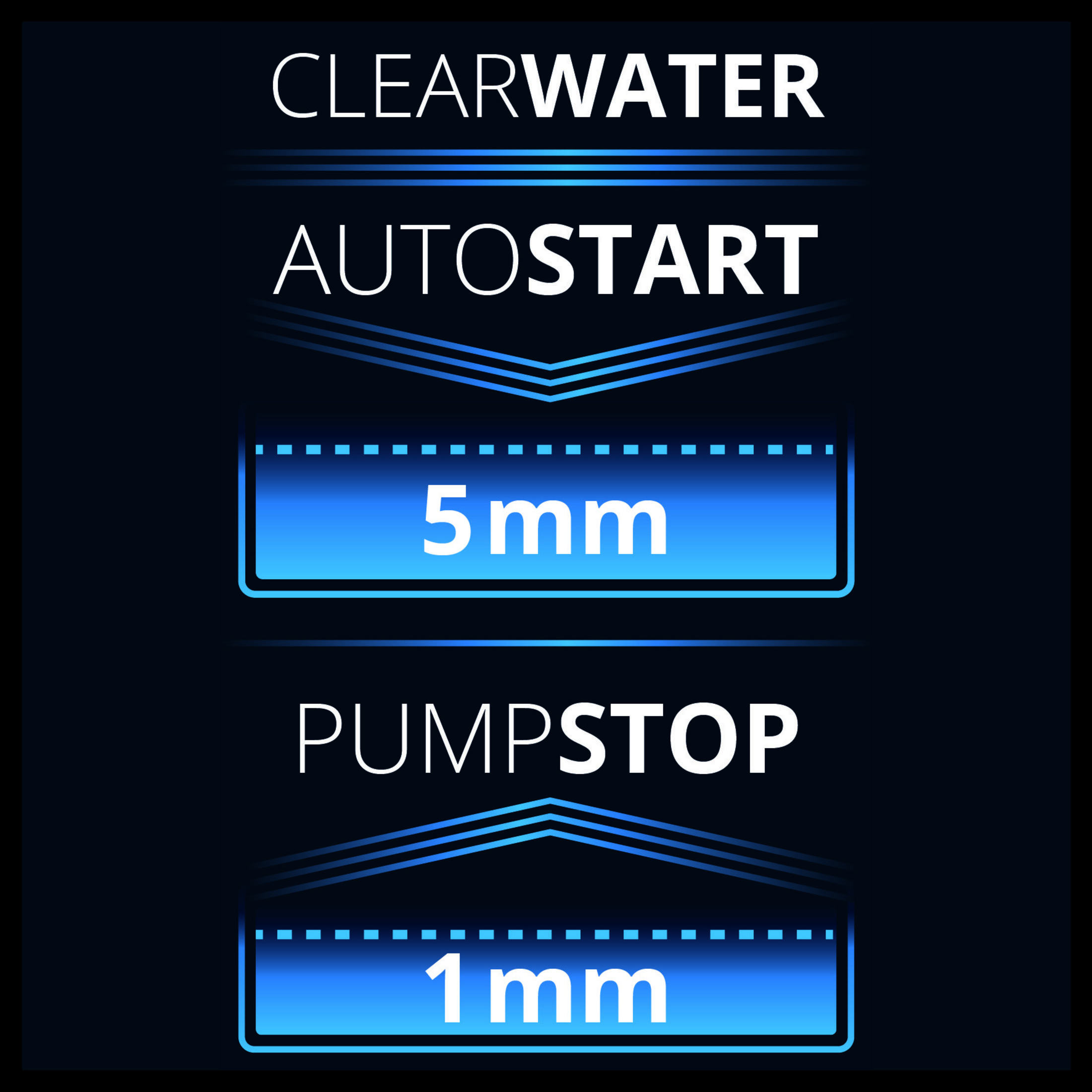 Instrukcje Clearwater Autostart i Pumpstop, z wymiarami w milimetrach.