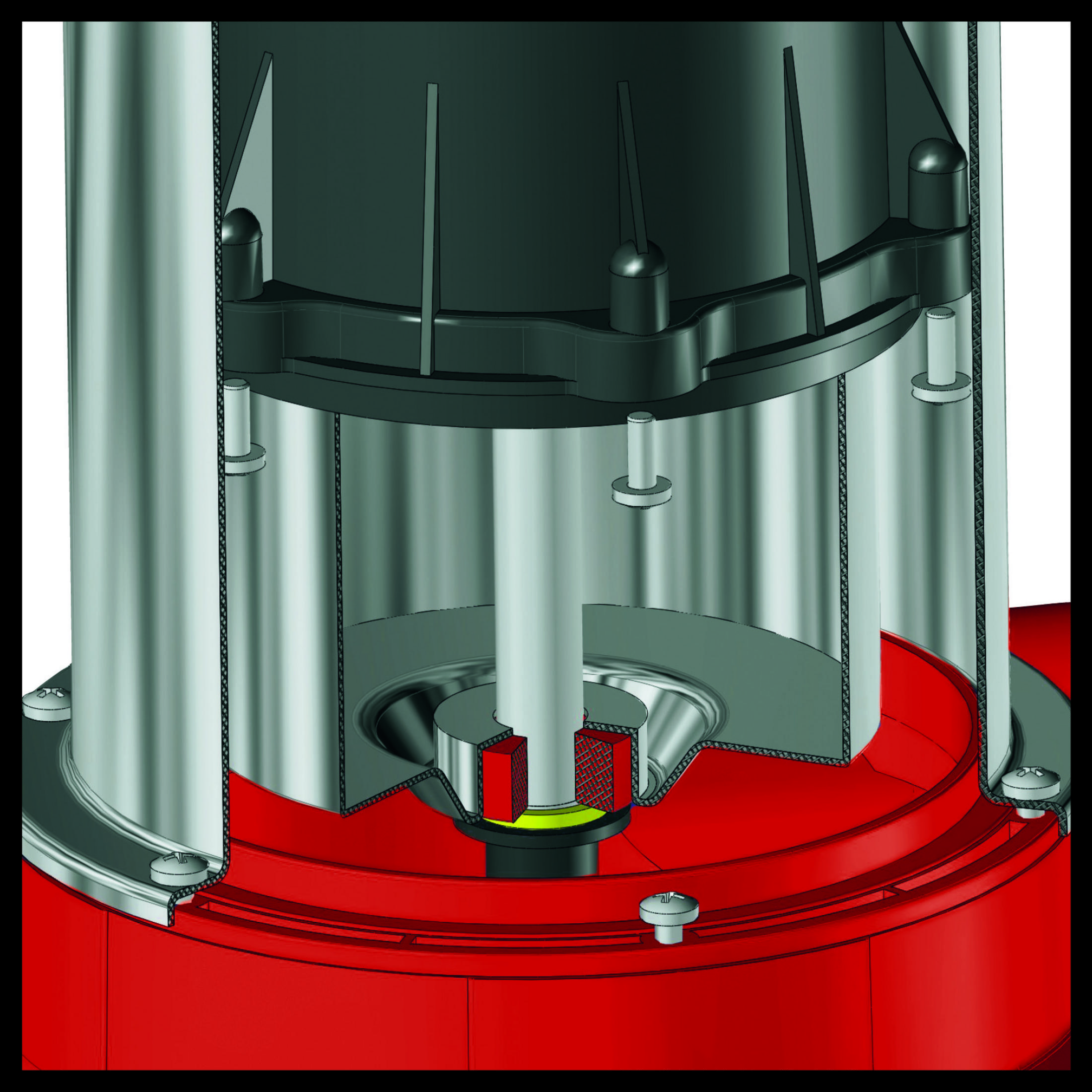 Widok przekrojowy maszyny, pokazujący elementy wewnętrzne, czerwoną podstawę i czarną górną część.