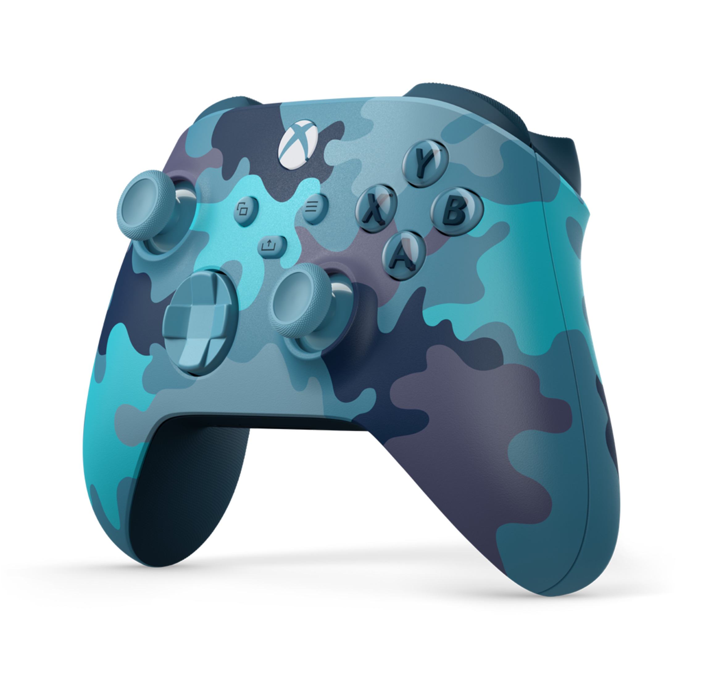 Ein Xbox-Controller mit blauem und blaugrünem Tarnmuster und weißem Xbox-Logo.