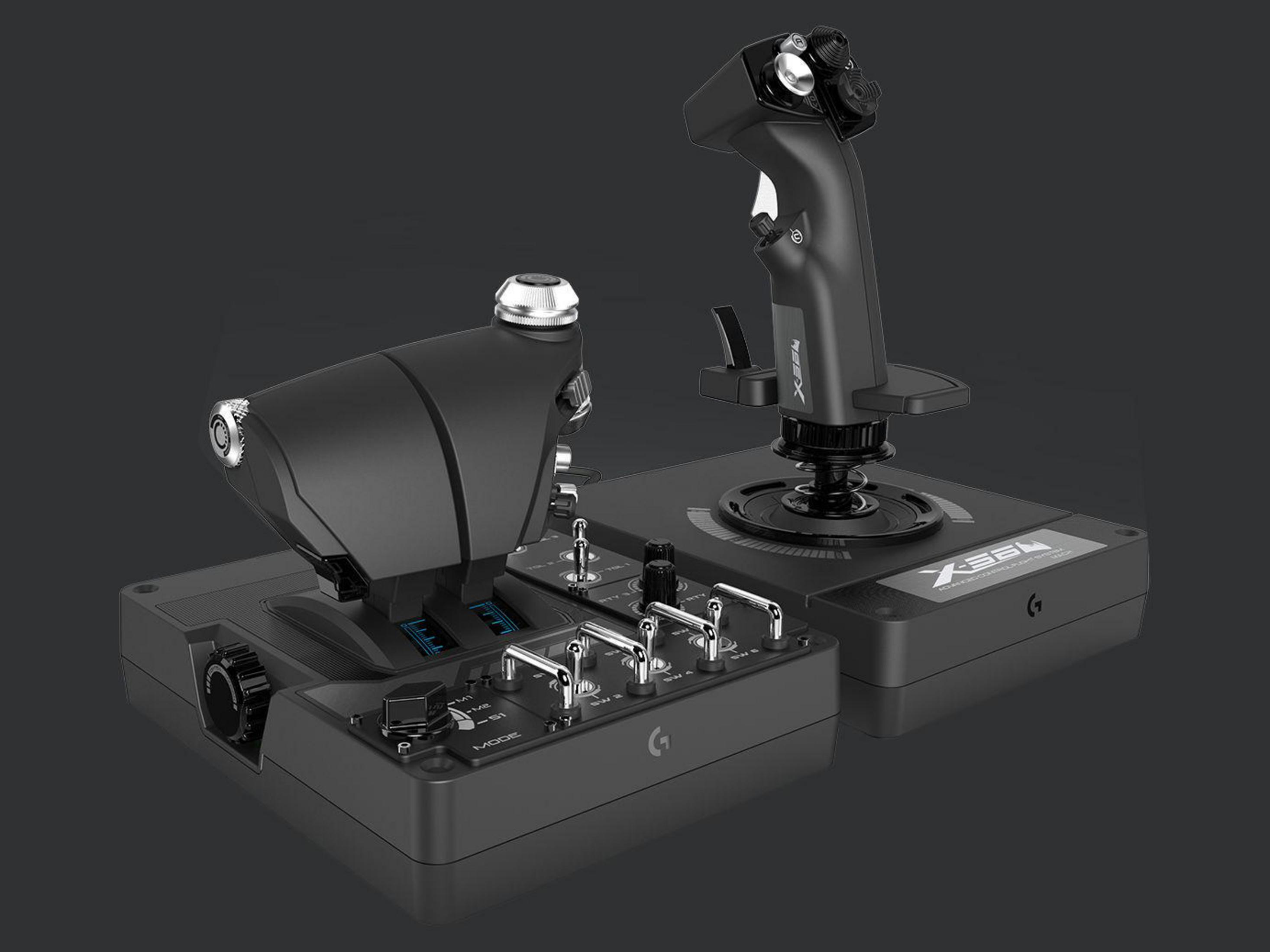 Ein schwarzer Flugsimulator-Joystick und -Gashebel auf einer dunkelgrauen Oberfläche.