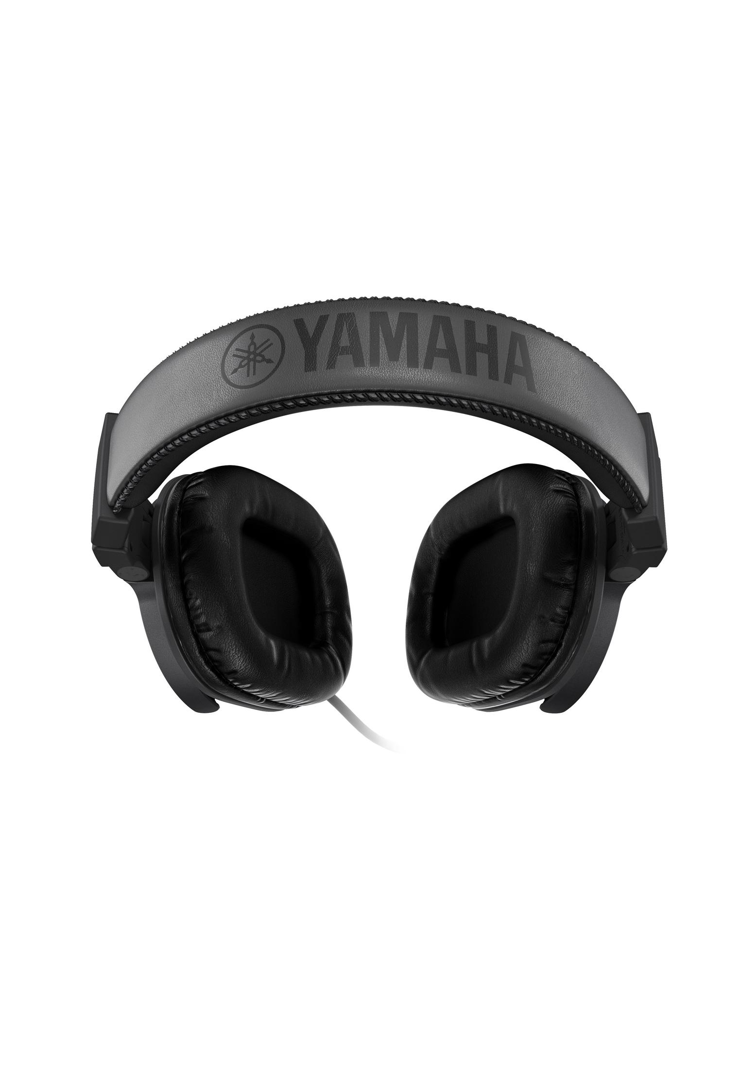 Schwarze Yamaha-Kopfhörer mit grauem Kopfband und Yamaha-Logo, weißes Kabel.