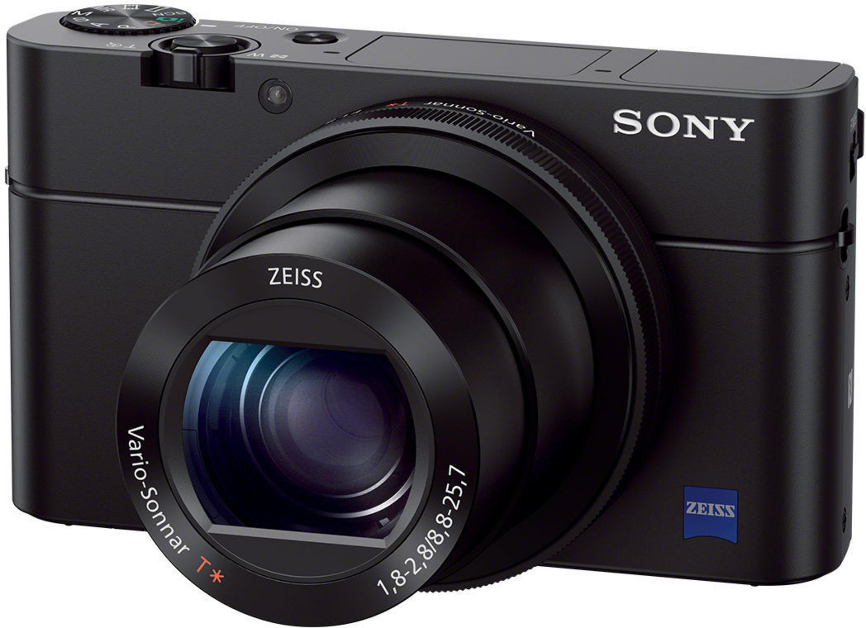 Schwarze Sony Kamera mit ZEISS Objektiv, verschiedenen Knöpfen und SONY Logo.