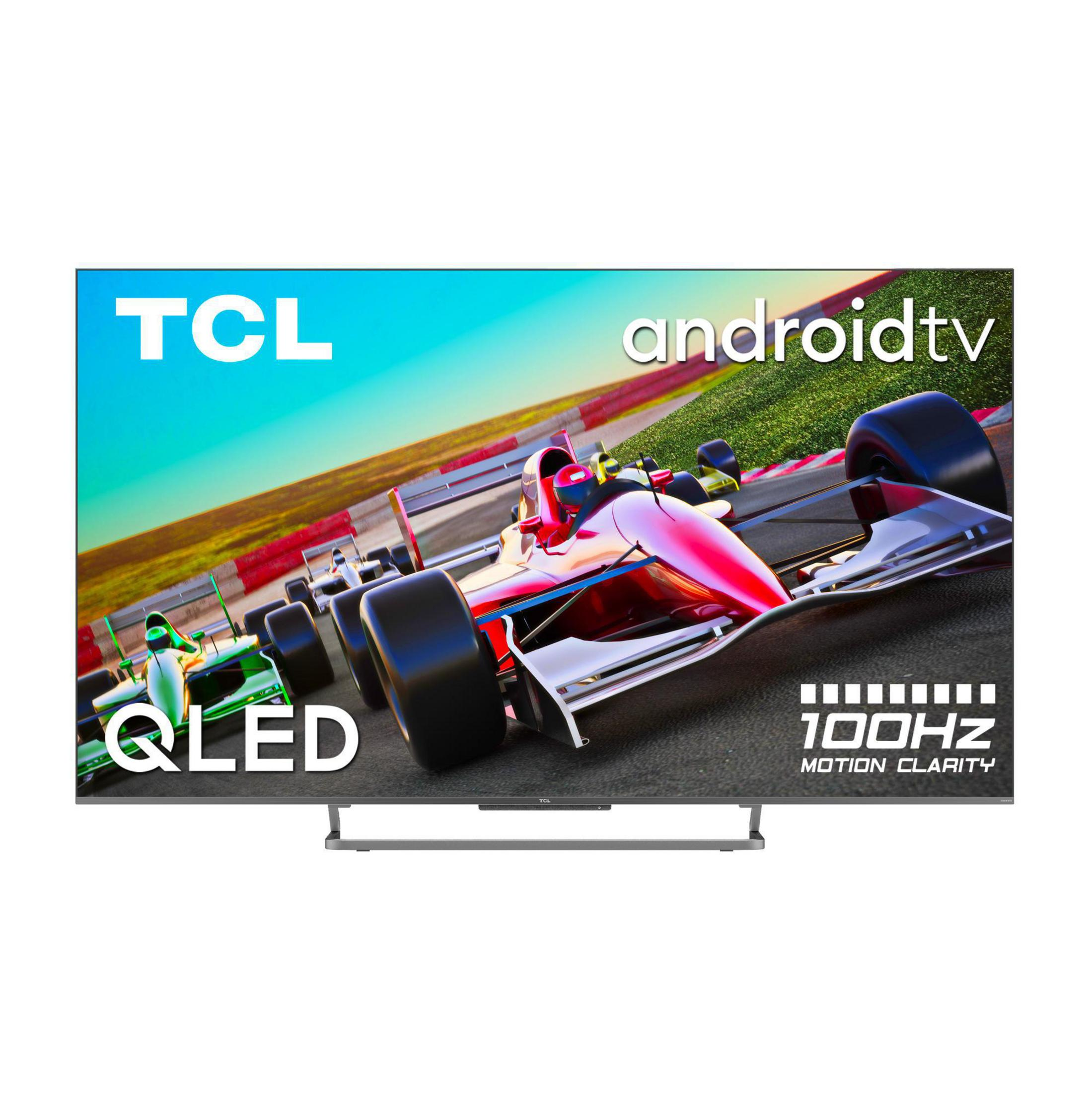 Écran de télévision TCL affichant une voiture de course sur une piste.