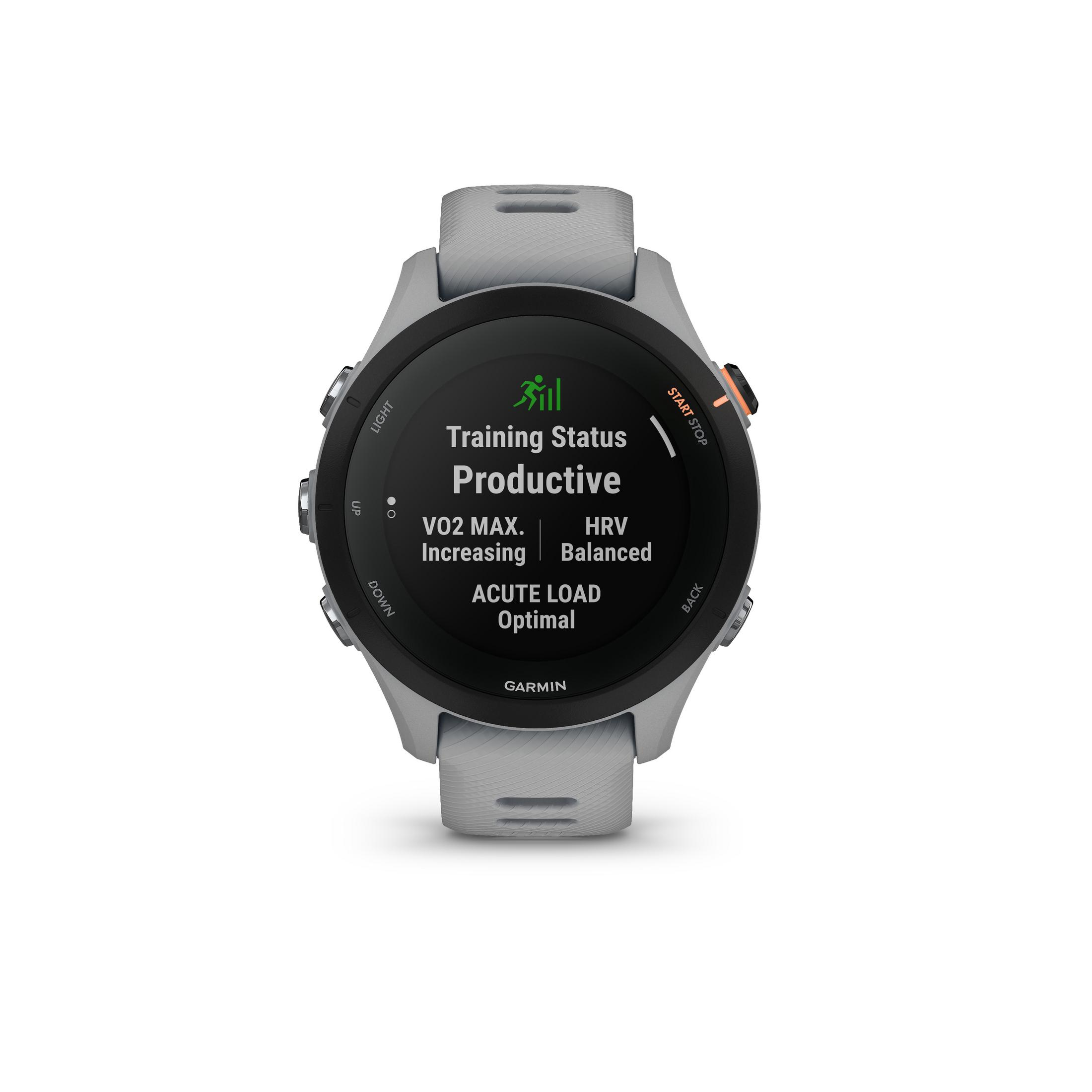 Graue Garmin Smartwatch zeigt Trainingsstatus und Fitnessdaten an.