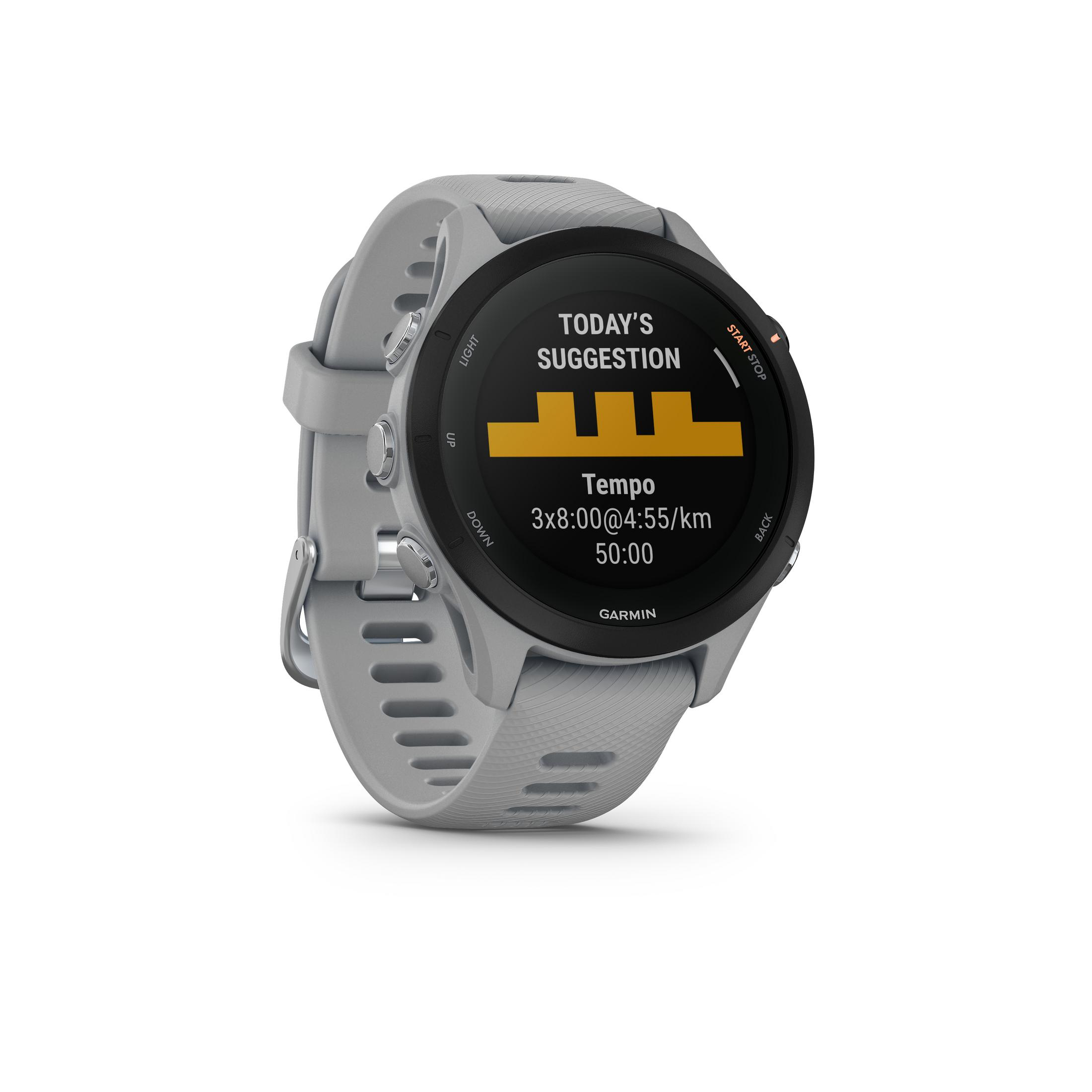 Eine graue Garmin-Smartwatch, die eine Trainingsanzeige mit Zeit und Vorschlägen zeigt. Das Armband ist auch grau.