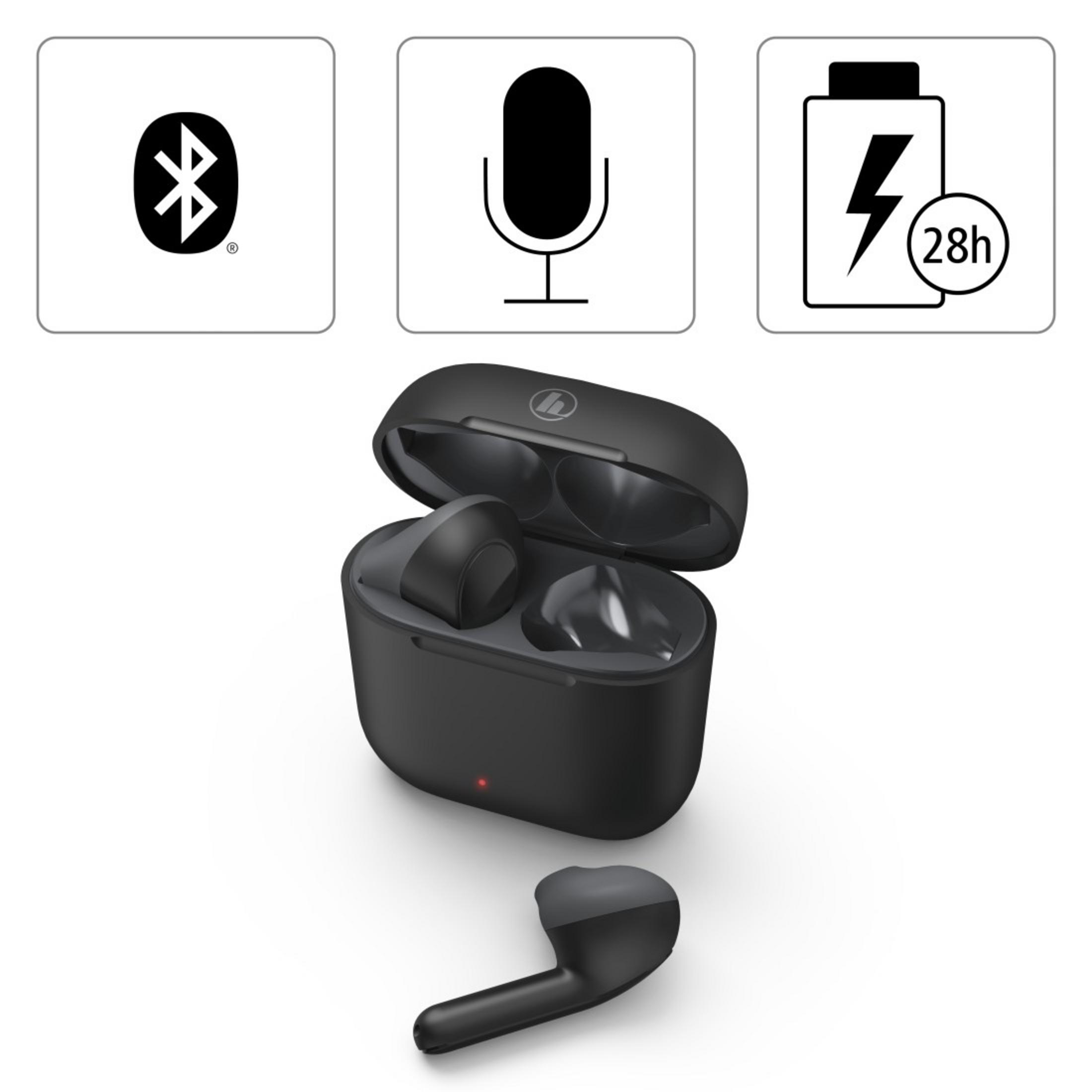 Czarne słuchawki w etui ładującym, z ikonami Bluetooth i mikrofonu oraz 28h żywotności baterii.
