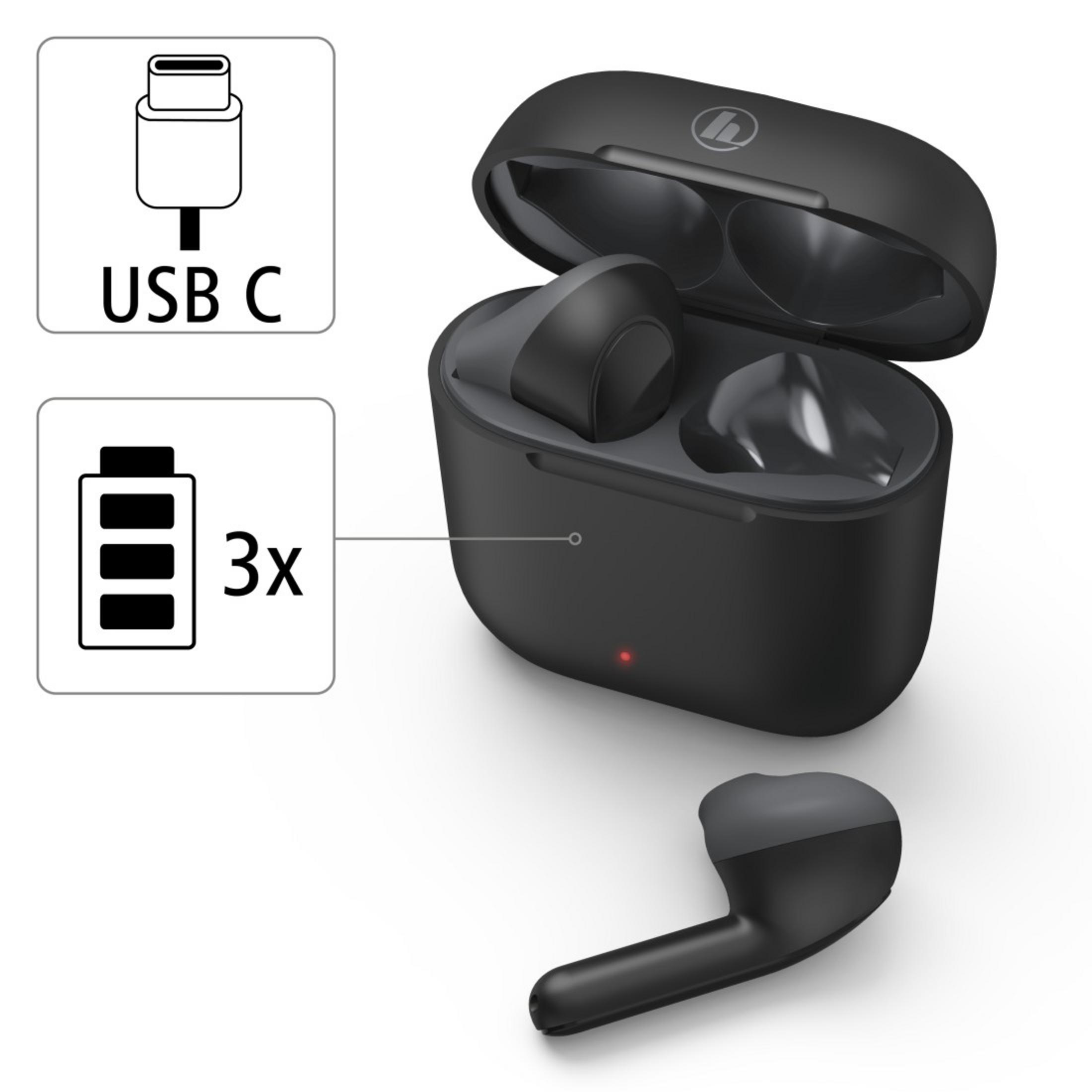 Czarne bezprzewodowe słuchawki w etui ładującym. Etui z portem USB-C. Jeden słuchawka na zewnątrz.