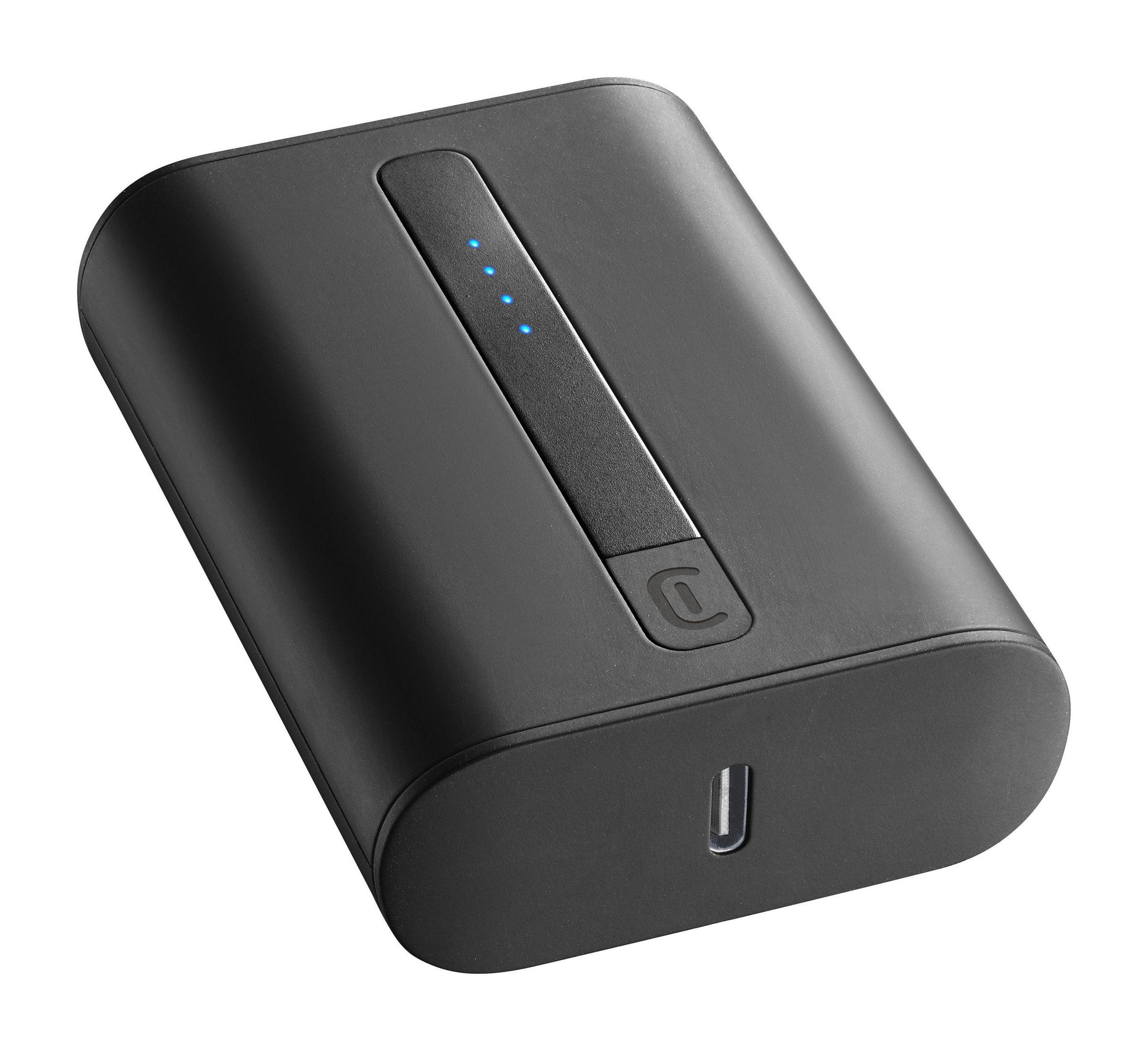Schwarzes tragbares Ladegerät mit blauen Lichtern, die den Ladezustand anzeigen. USB-C-Anschluss.