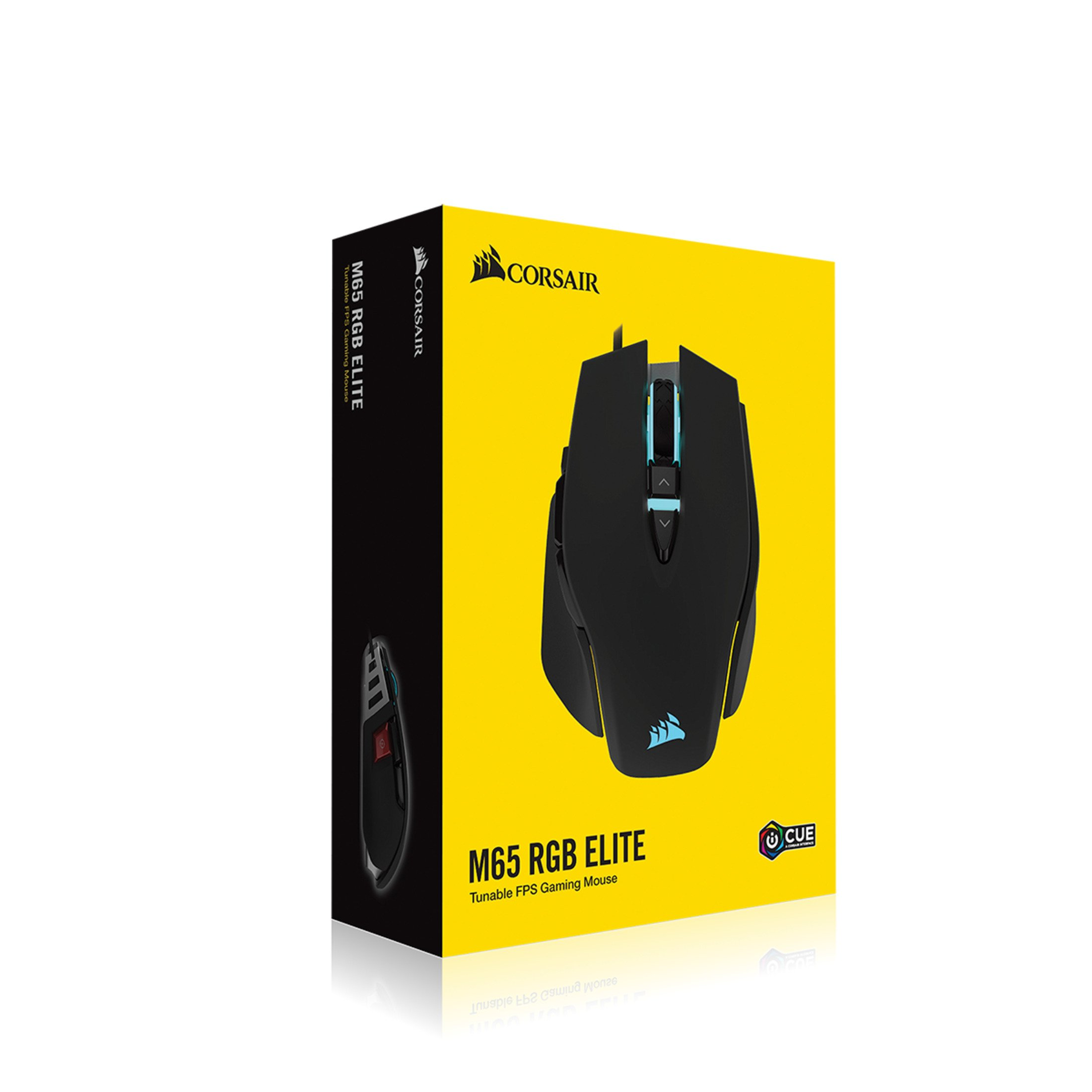 Mouse da gaming Corsair nero in una scatola gialla, con il mouse esposto e dettagli sulla scatola.