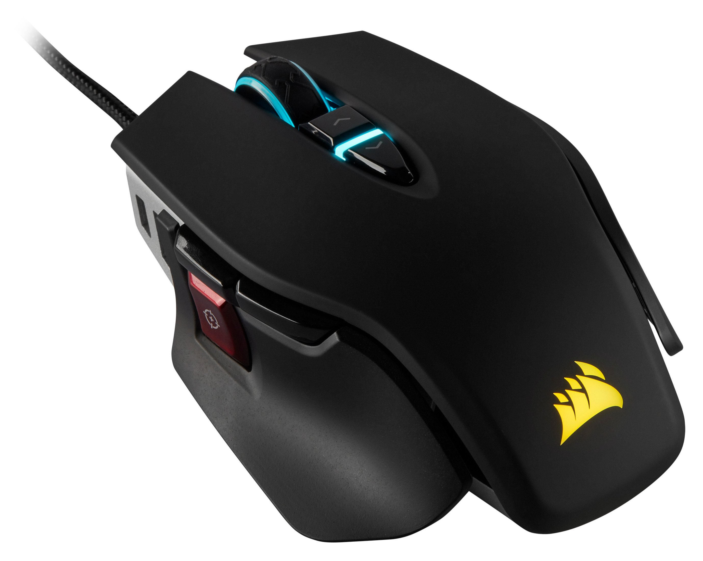 Mouse da gaming nero con più pulsanti e logo luminoso. Accenti di luce blu.