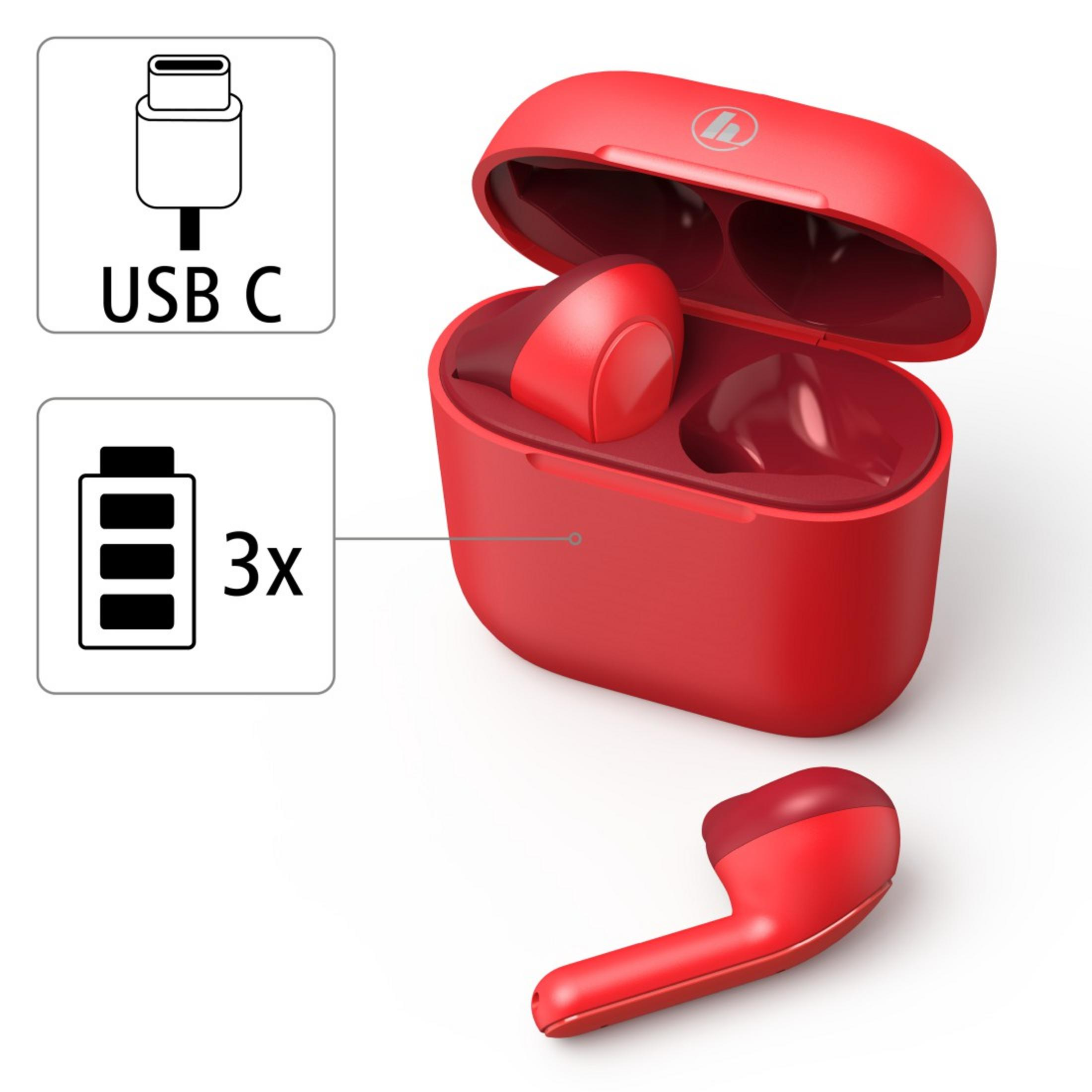 Auricolari wireless rossi e custodia di ricarica, con un'icona della porta USB-C e un indicatore della batteria.