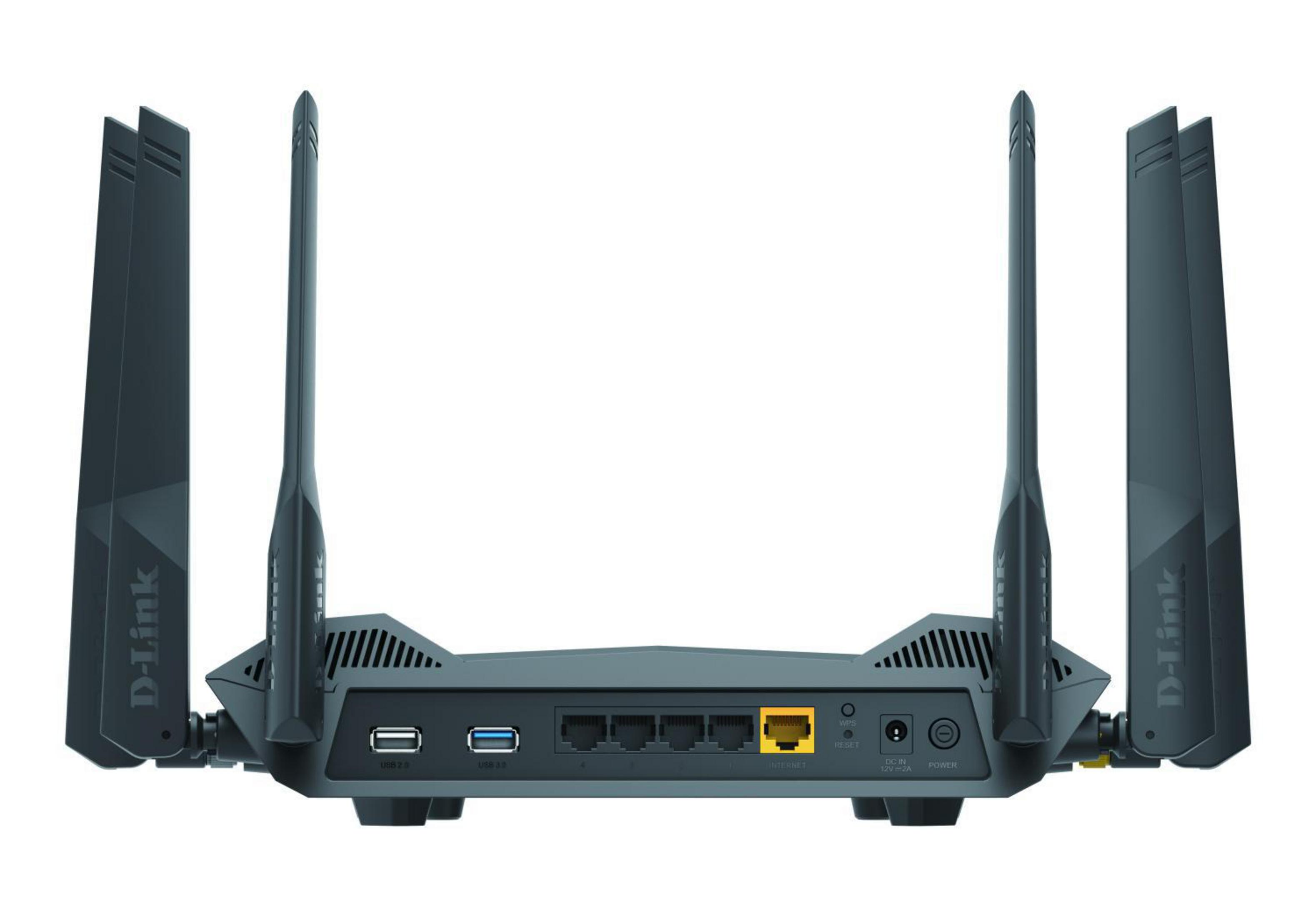 La vista posteriore di un router D-Link nero con antenne e varie porte.