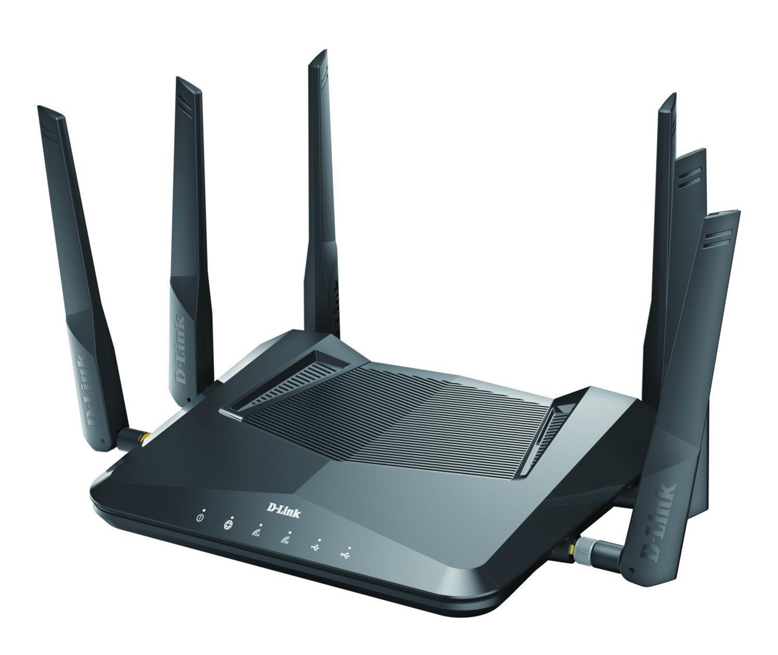 Un router D-Link nero con antenne multiple, su sfondo bianco.