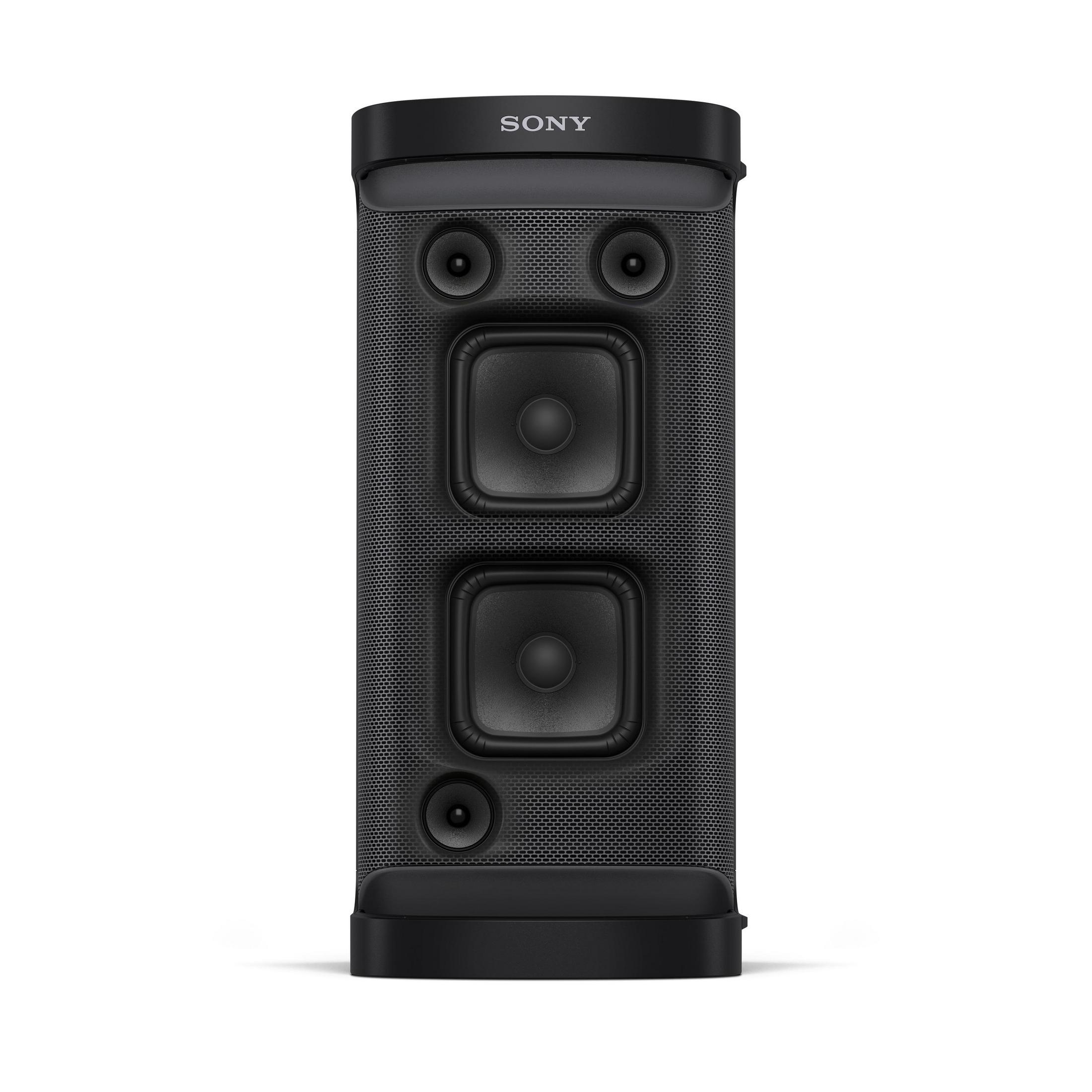 Ein schwarzer Sony-Lautsprecher mit Mesh-Front, zwei großen und zwei kleineren Lautsprechern.