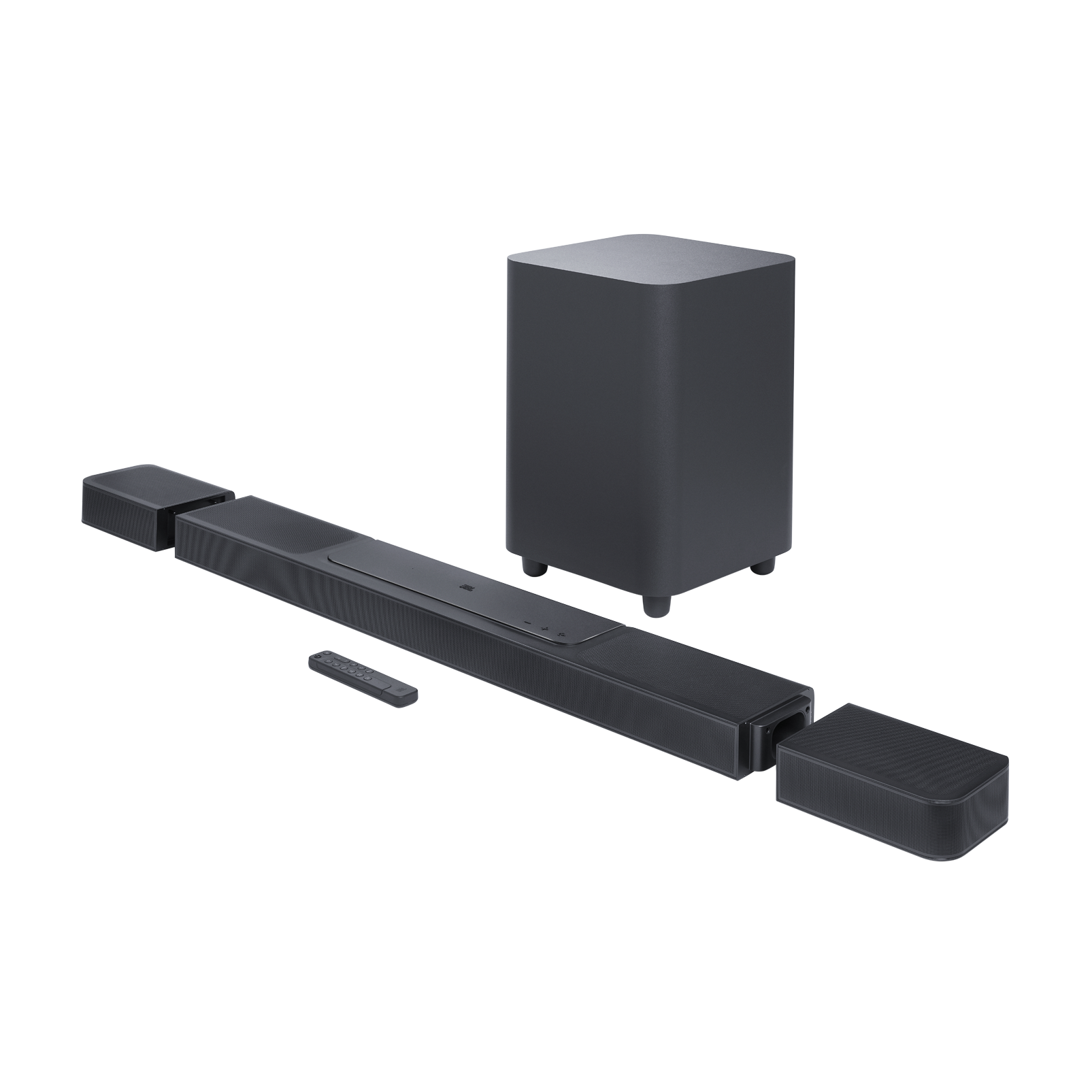 Bir subwoofer ve iki uydu hoparlörü ile siyah bir soundbar.