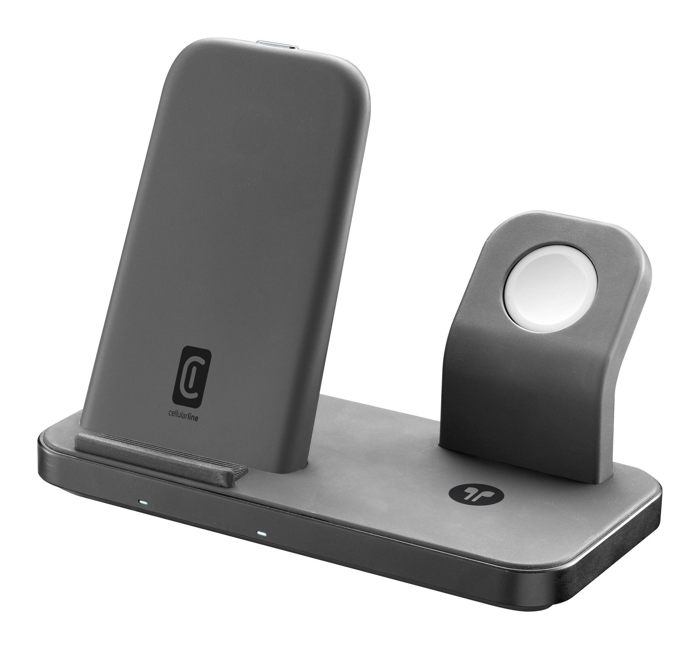 Eine graue kabellose Ladestation mit Handy- und Uhrenhalter.